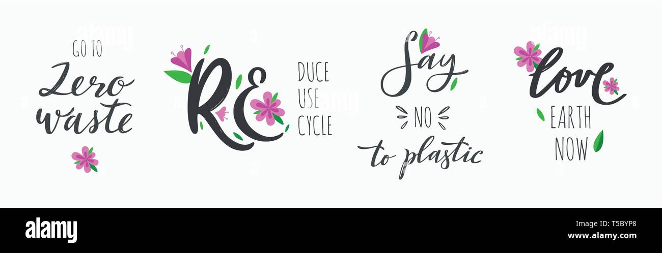Null Abfall lifestyle Vektor Hand gezeichnet Kalligraphie und Schrift gesetzt. Motivierende Zitate für umweltfreundliche und grüne Wohnzimmer. Kein Plastik, Wiederverwendung, recyc Stock Vektor