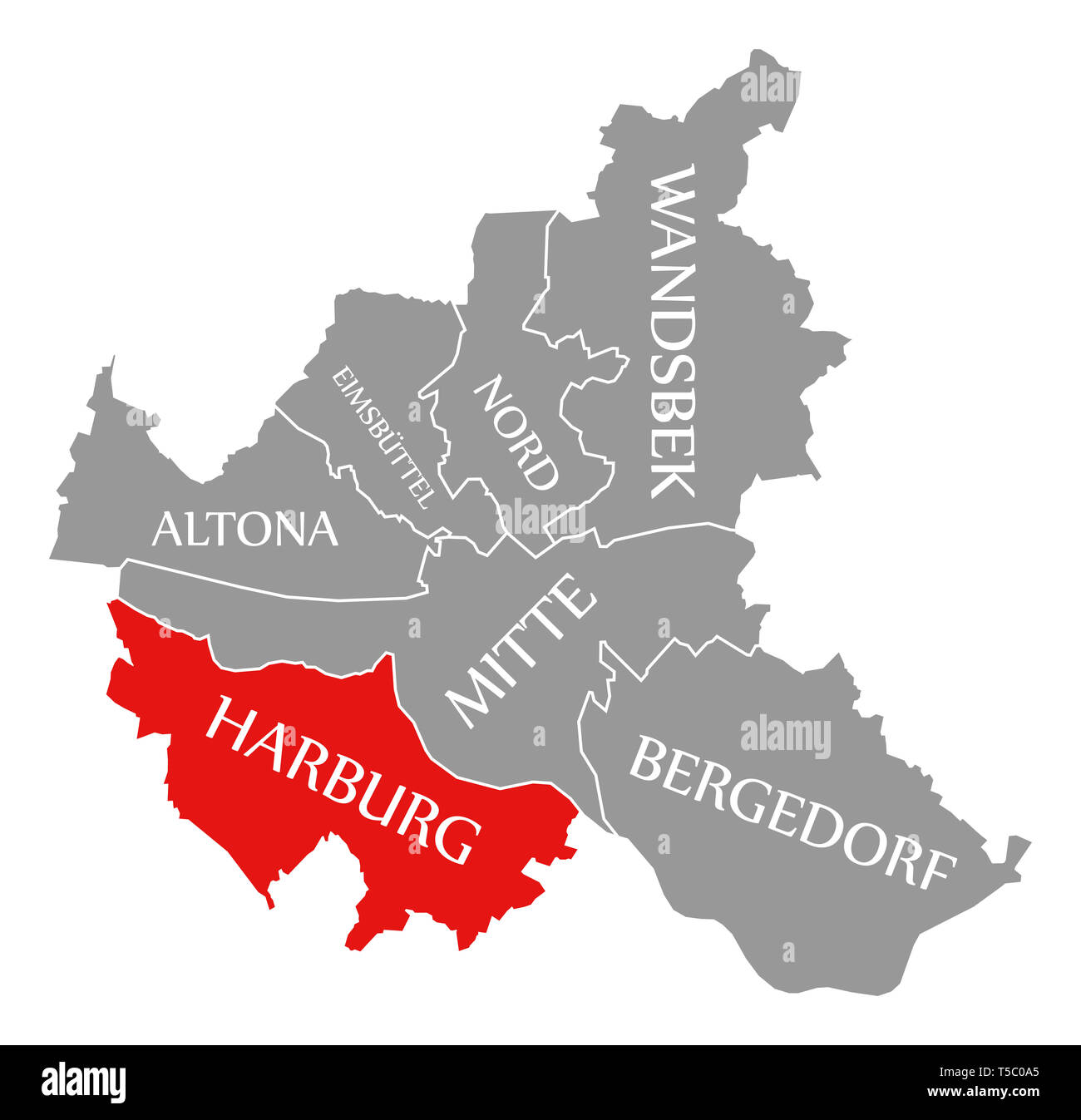 Harburg Stadtteil rot in der Karte von Hamburg Deutschland hervorgehoben Stockfoto