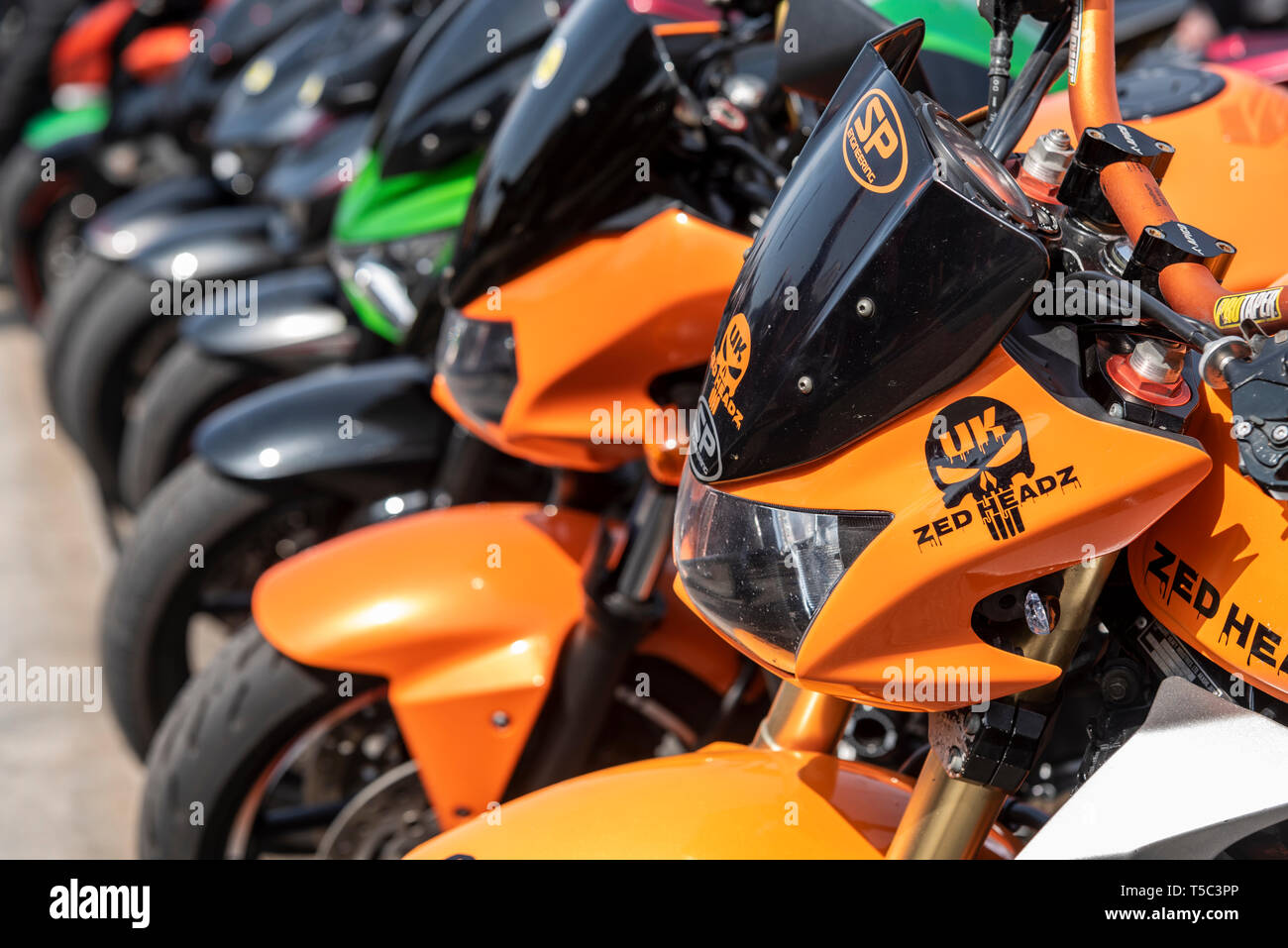 UK Zed Headz orange Kawasaki Motorrad in der Zeile der Fahrräder im Southend Shakedown Auferstehung Motorrad Rallye Event, Southend On Sea, Essex, Großbritannien Stockfoto