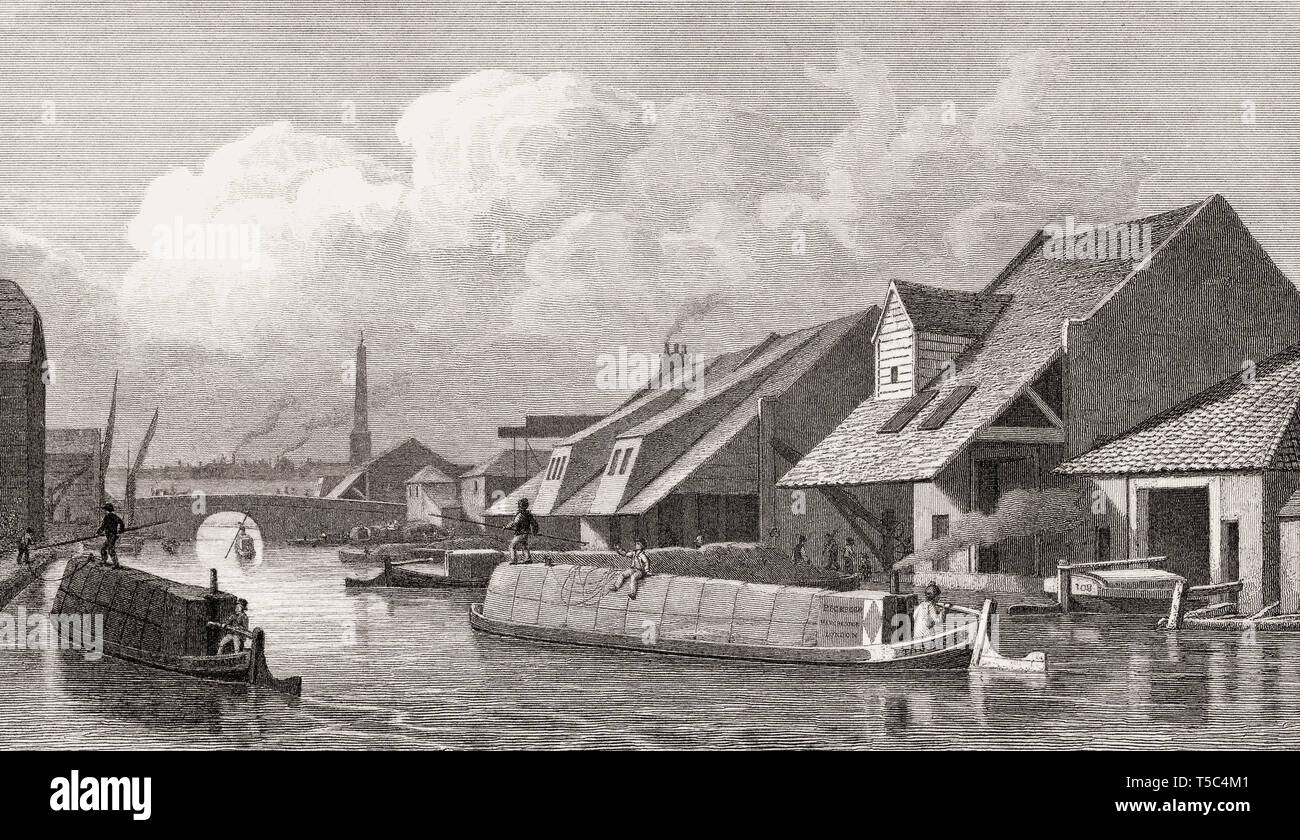 Die Stadt Basin, Regent's Canal, London, Illustration von Th. H. in der Hirte, 1828 Stockfoto