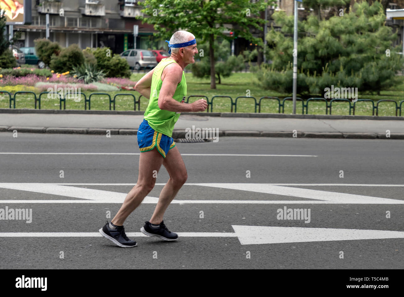 Serbien, 14. April 2019: Eine der 32. Belgrad Marathon Teilnehmer liefen die Straße in Belgrade Karadjordjeva Stockfoto