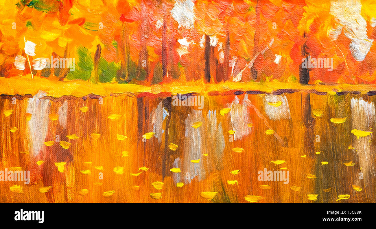 Ölgemälde bunte Herbst Bäume. Halb abstraktes Bild des Waldes, Espe Bäume mit gelb - roten Blatt und See. Herbst, Herbst Saison Natur Hintergrund. Stockfoto