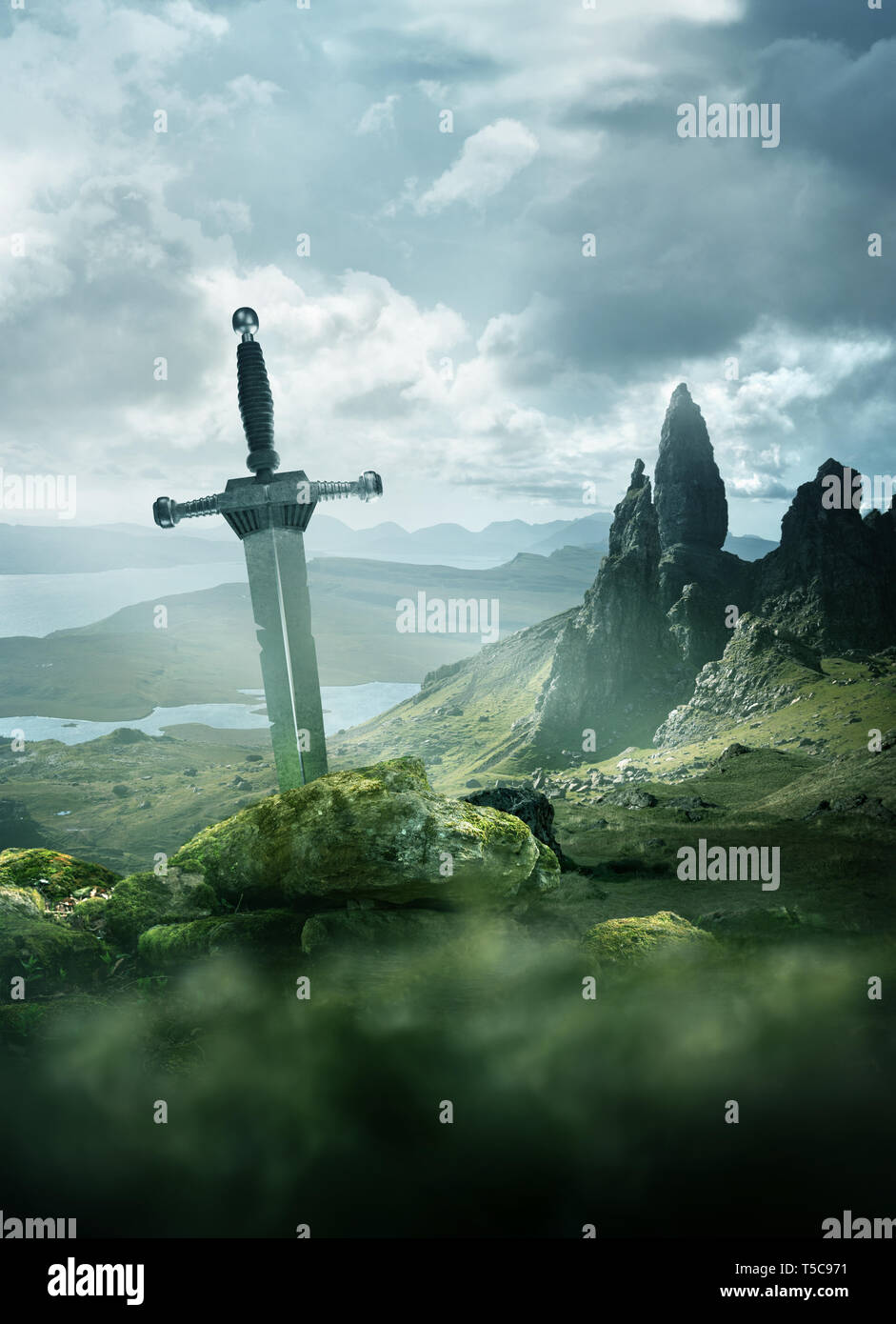 Ein alter Ritter Schwert in den Boden mit den sanften Bergen von der Isle of Skye im Hintergrund stecken. Fantasy 3D-mixed media Abbildung. Stockfoto