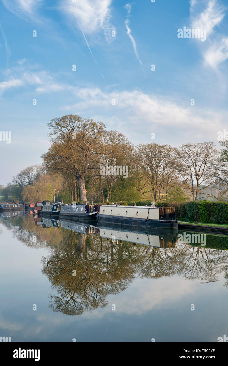 Kanal Boote auf der Oxford canal Am frühen Morgen Frühling Sonnenlicht. Thrupp, Oxfordshire, England Stockfoto