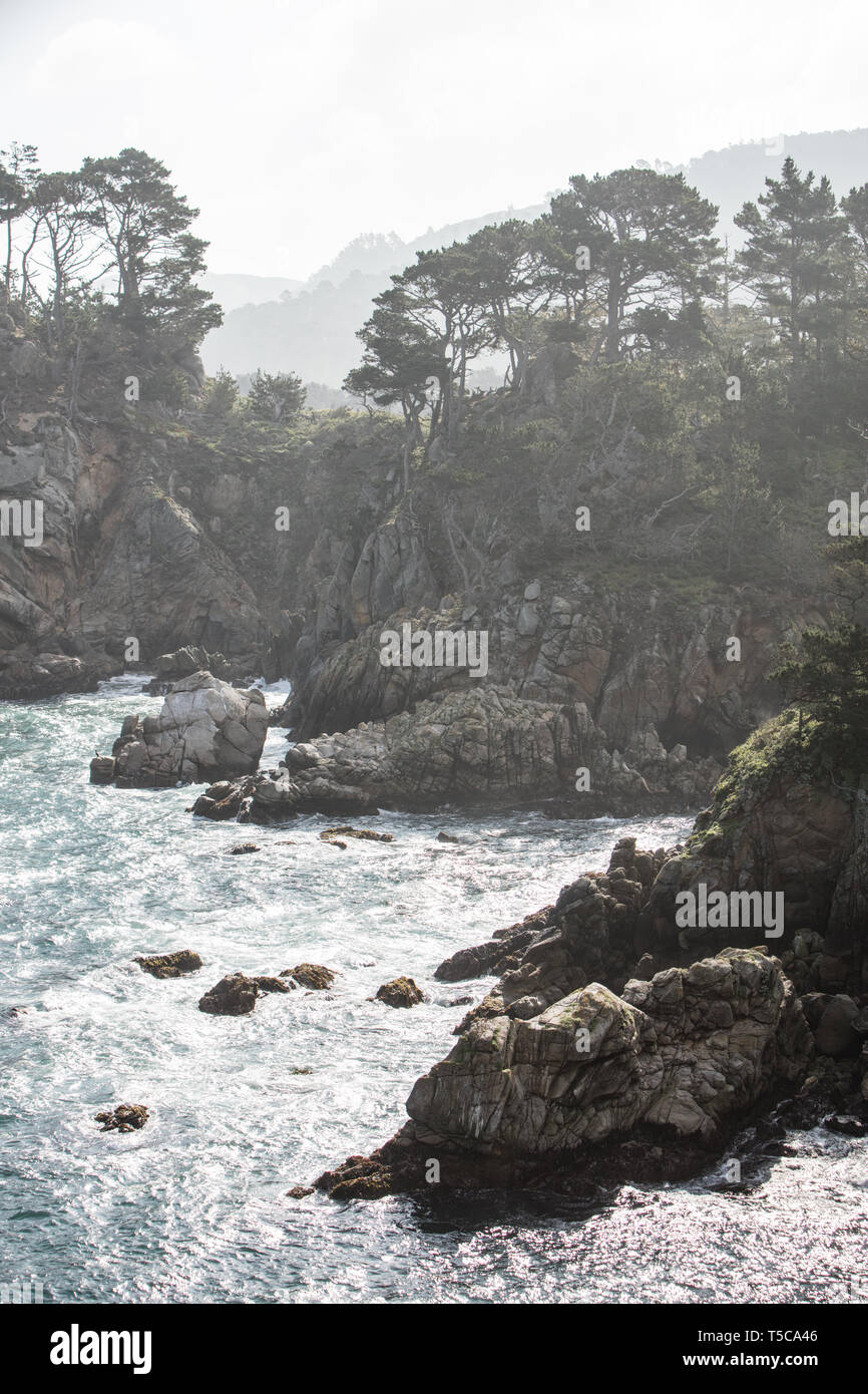 Die kalte, nährstoffreiche Wasser des Pazifischen Ozeans waschen in der wunderschönen, felsigen kalifornischen Küste südlich von Monterey Bay. Stockfoto