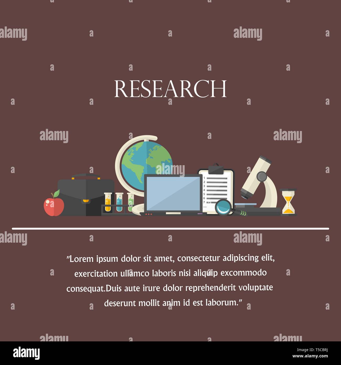 Forschung Abbildung Konzept mit Text, Symbol, Symbol, Piktogramm im flachen Stil Stock Vektor