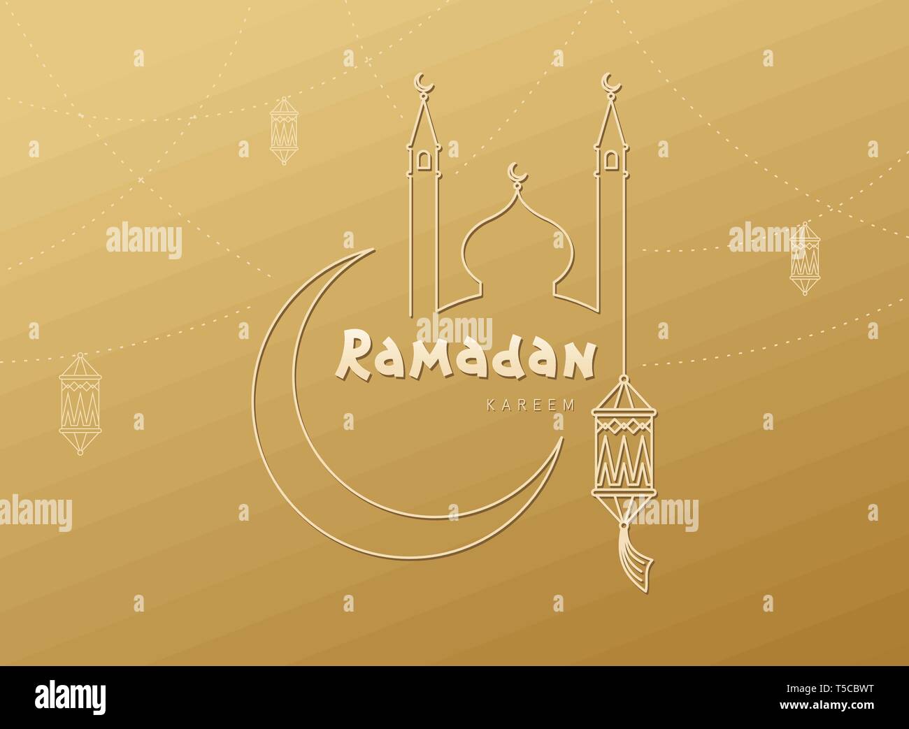 Ramadan Kareem islamischen vektor design Moschee Kuppel und Turm, Halbmond, Laterne. Arabisch leuchtende Lampen auf Gold Hintergrund, Kalligraphie Worte. Heilige m Stock Vektor