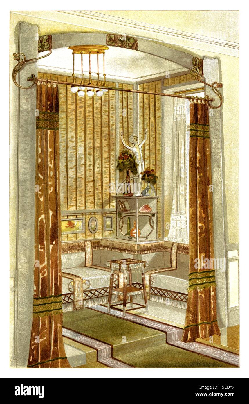 Dekoration von Schacht für Lounge. Jugendstil vintage Abbildung. Durch moderne Vorhänge 1900 Stockfoto