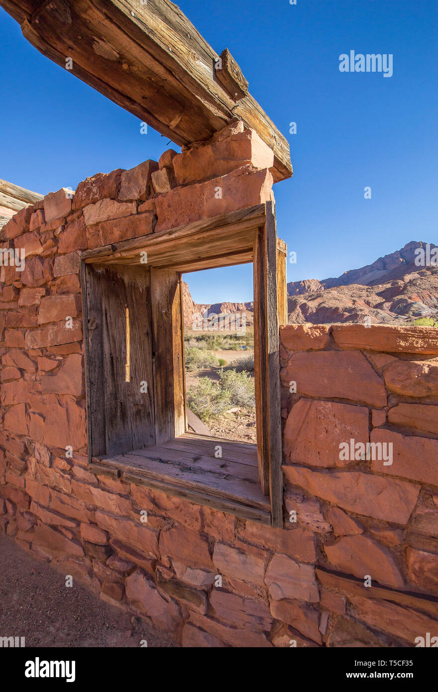 Robust bleibt und Fenster der alten Pioneer Gehöft in der Nähe von Lees Ferry, Arizona. Stockfoto