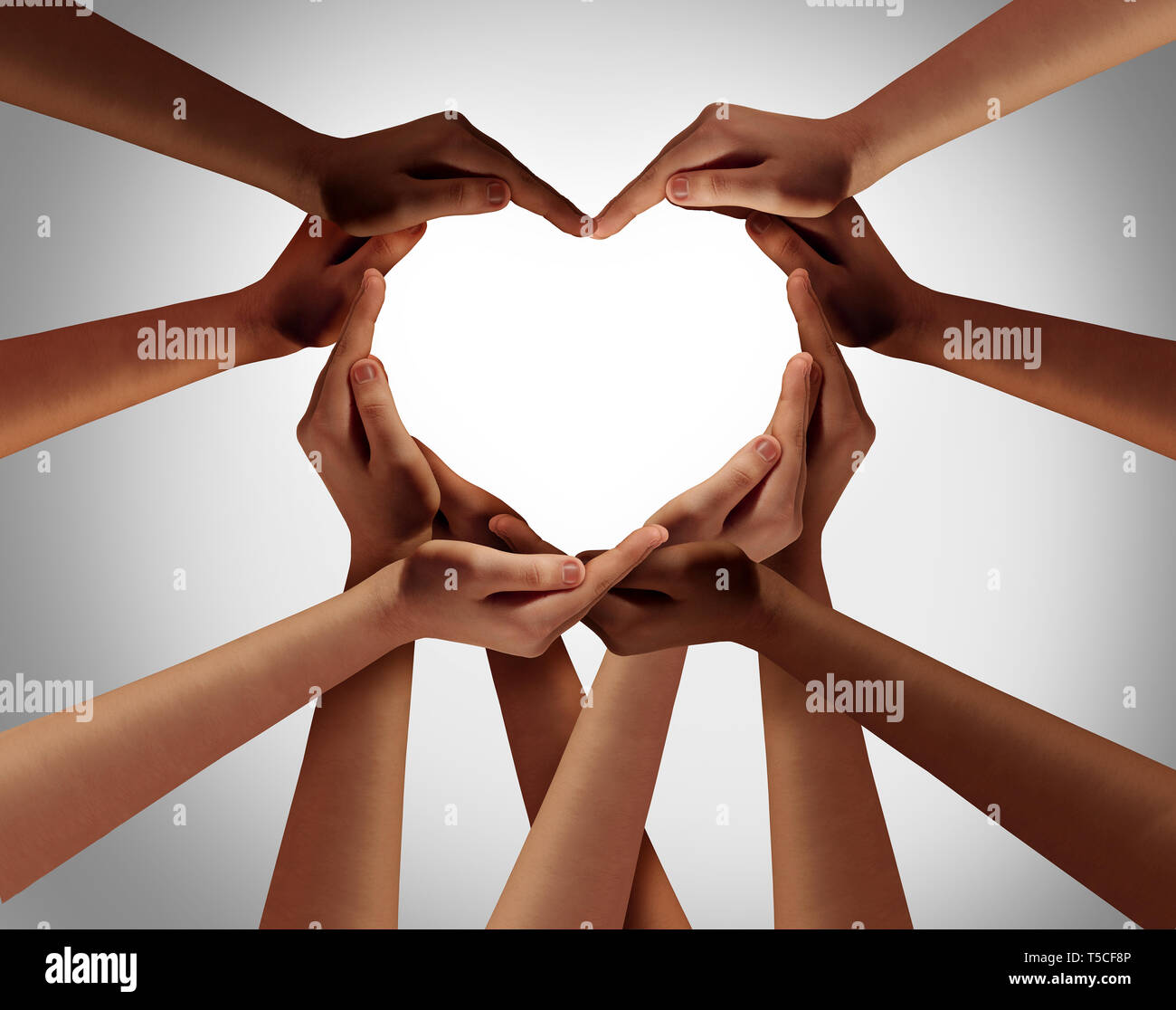 Herz Hände, als eine Gruppe von unterschiedlichsten Menschen die Hände miteinander verbunden als Symbol der Liebe, das Gefühl, glücklich zu sein und das Miteinander geprägt. Stockfoto