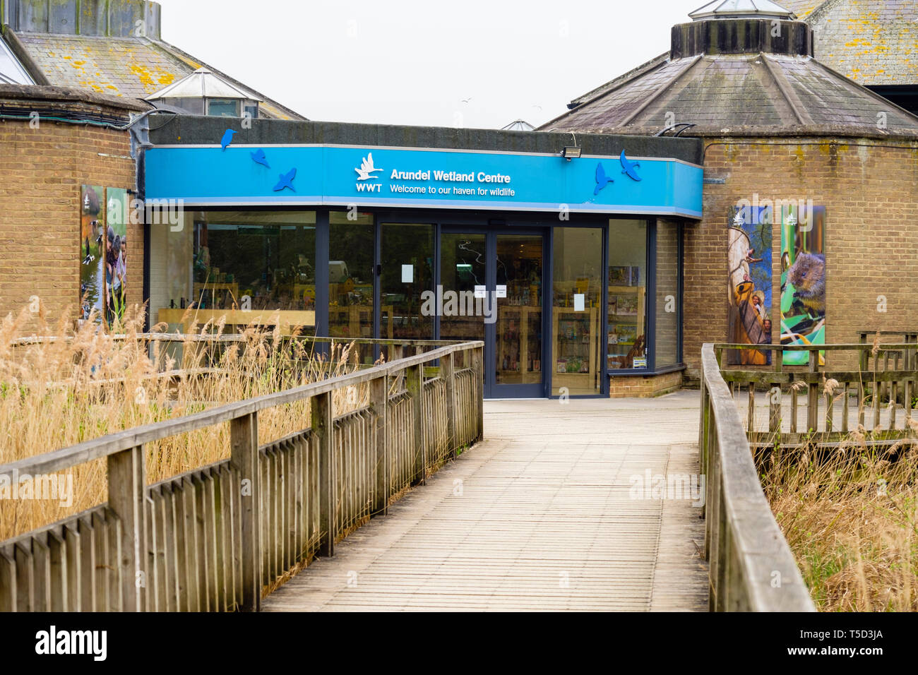Arundel Wetland Centre Gebäude Eingang zum wildvogel und Feuchtgebiete Vertrauen Nature Reserve. Arundel, West Sussex, England, Großbritannien, Großbritannien Stockfoto