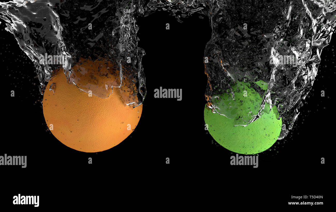 Früchte auf schwarzen Hintergrund mit Wasser spritzen. orange und lime Stockfoto