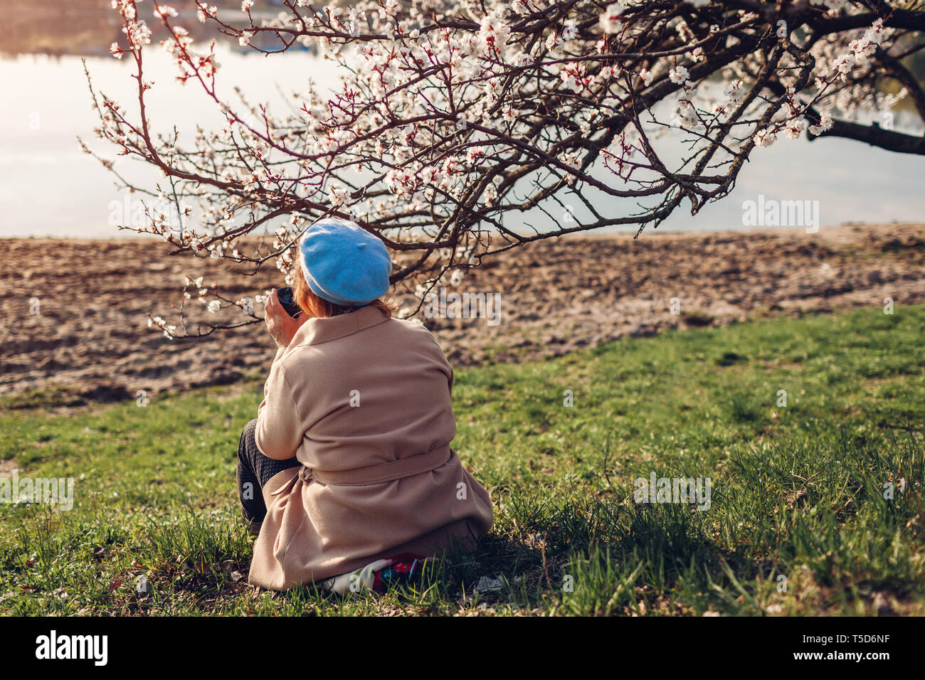 Einsame ältere Frau entspannen im Frühling Garten bei Sonnenuntergang. Muttertag Konzept Stockfoto