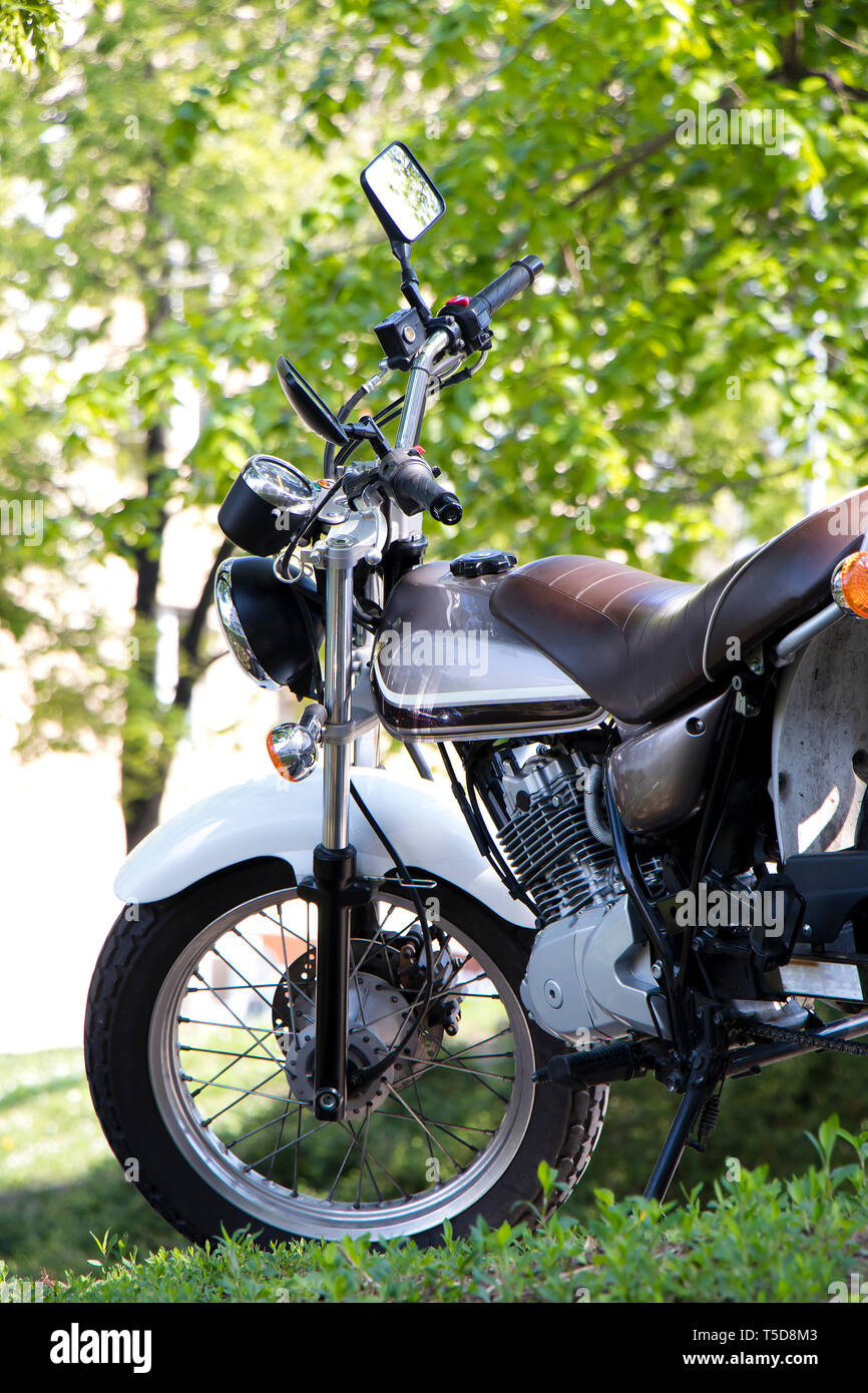 Geparkt vintage elegante Motorrad im Frühling Natur Hintergrund, Low Angle View Stockfoto