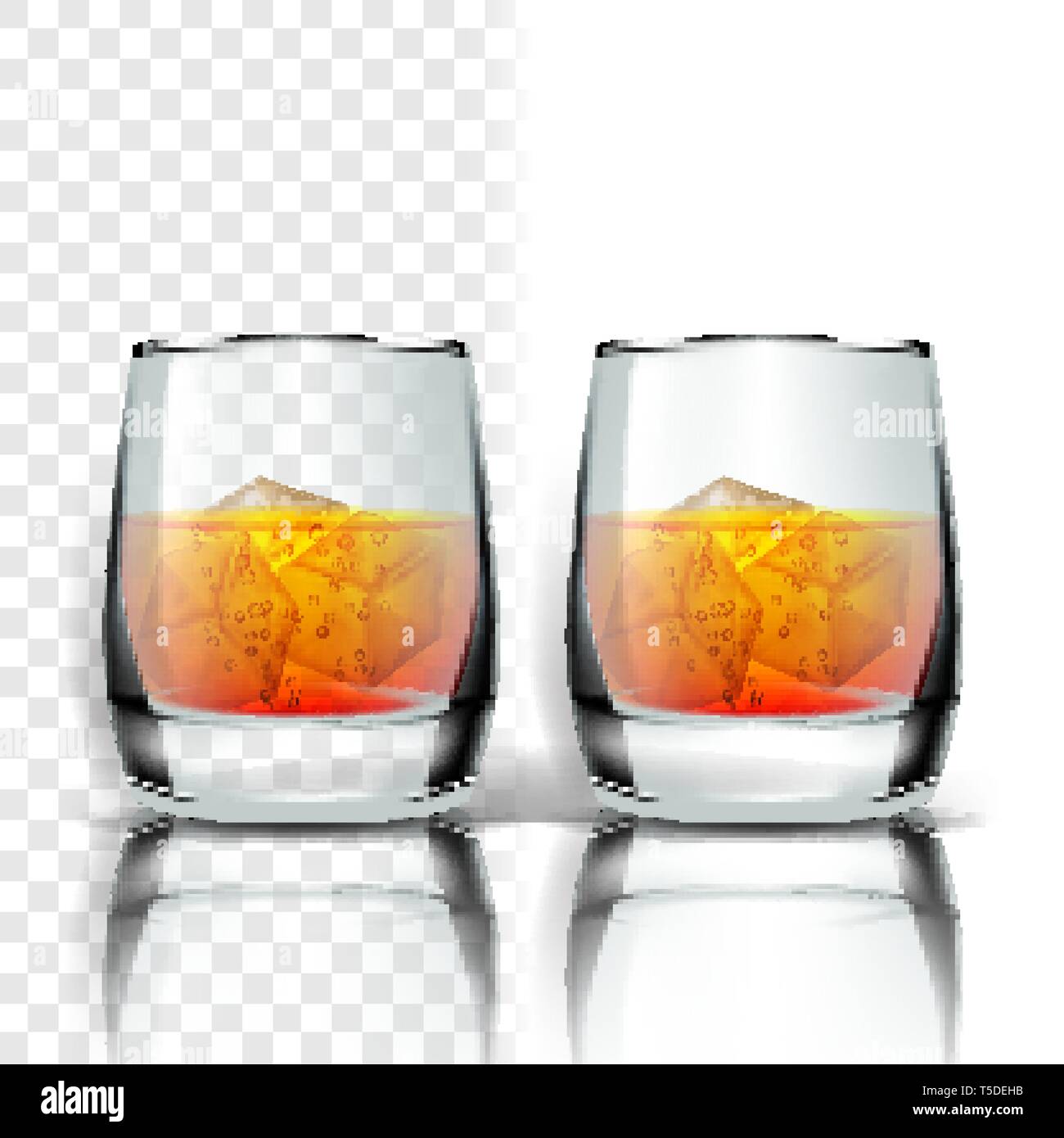 Realistisches Glas mit Whisky und Eiswürfel Vektor Stock Vektor