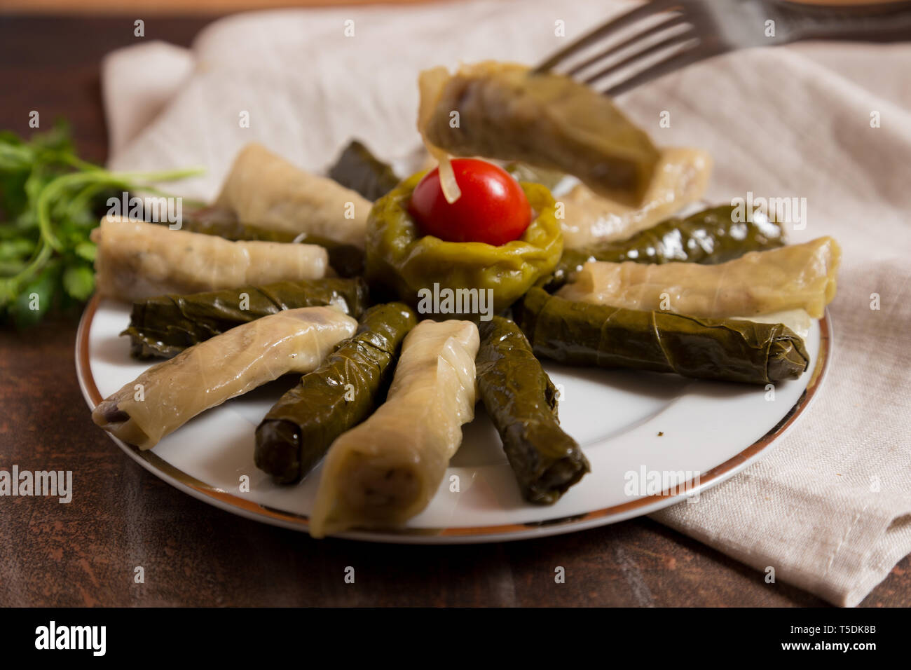 Traditionelle türkische Gerichte mit Olivenöl Blätter, Kohl und gefüllte Paprika Stockfoto