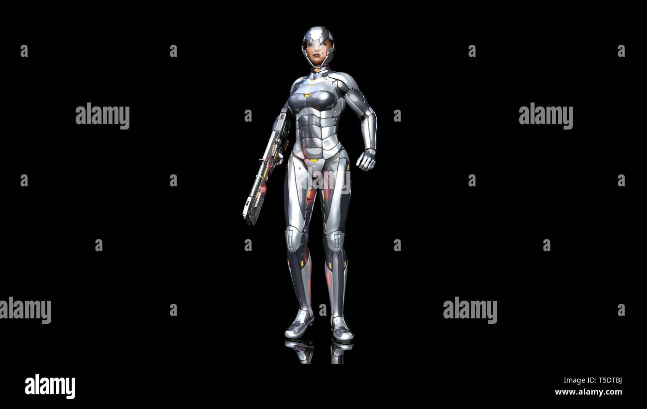 Futuristische android Soldat Frau in bulletproof Rüstung, Militär Cyborg Girl bewaffnet mit sci-fi Gewehr Pistole steht auf schwarzen Hintergrund, 3D-Rendering Stockfoto