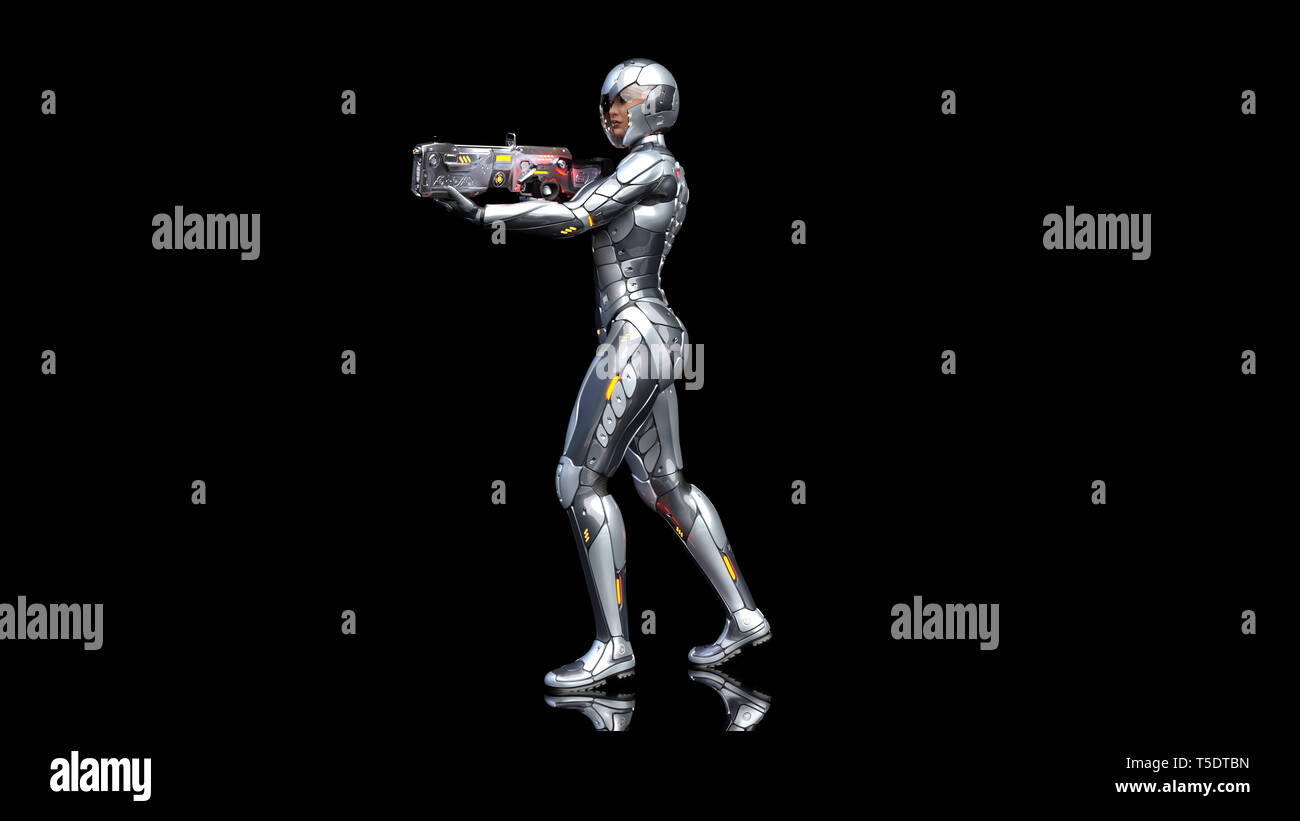 Futuristische android Soldat Frau in bulletproof Rüstung, Militär Cyborg Girl bewaffnet mit sci-fi Gewehr Pistole laufen und schießen auf schwarzen Hintergrund, 3D-r Stockfoto