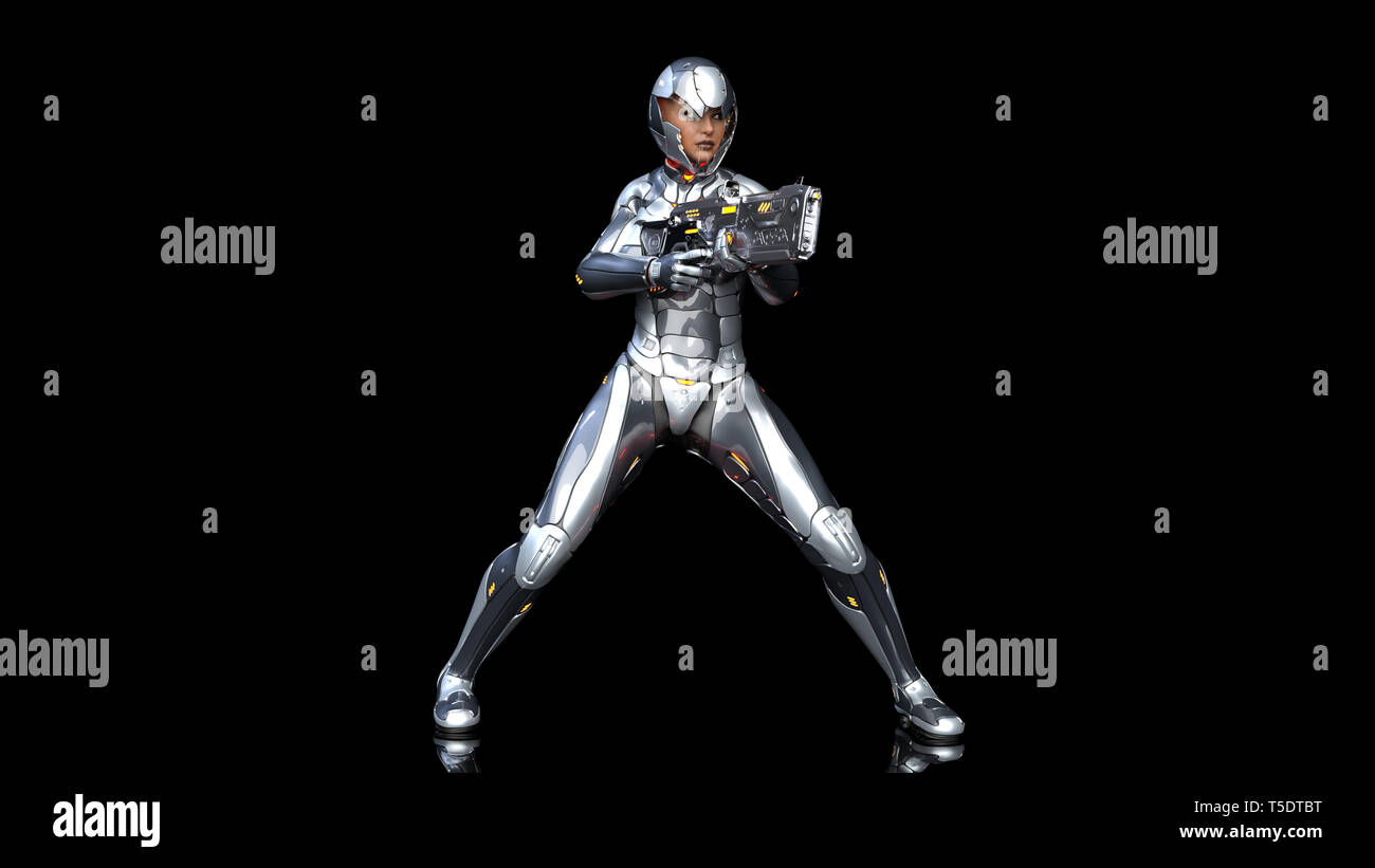 Futuristische android Soldat Frau in bulletproof Rüstung, Militär Cyborg Girl bewaffnet mit sci-fi Gewehr Pistole schiessen auf schwarzen Hintergrund, 3D-Rendering Stockfoto