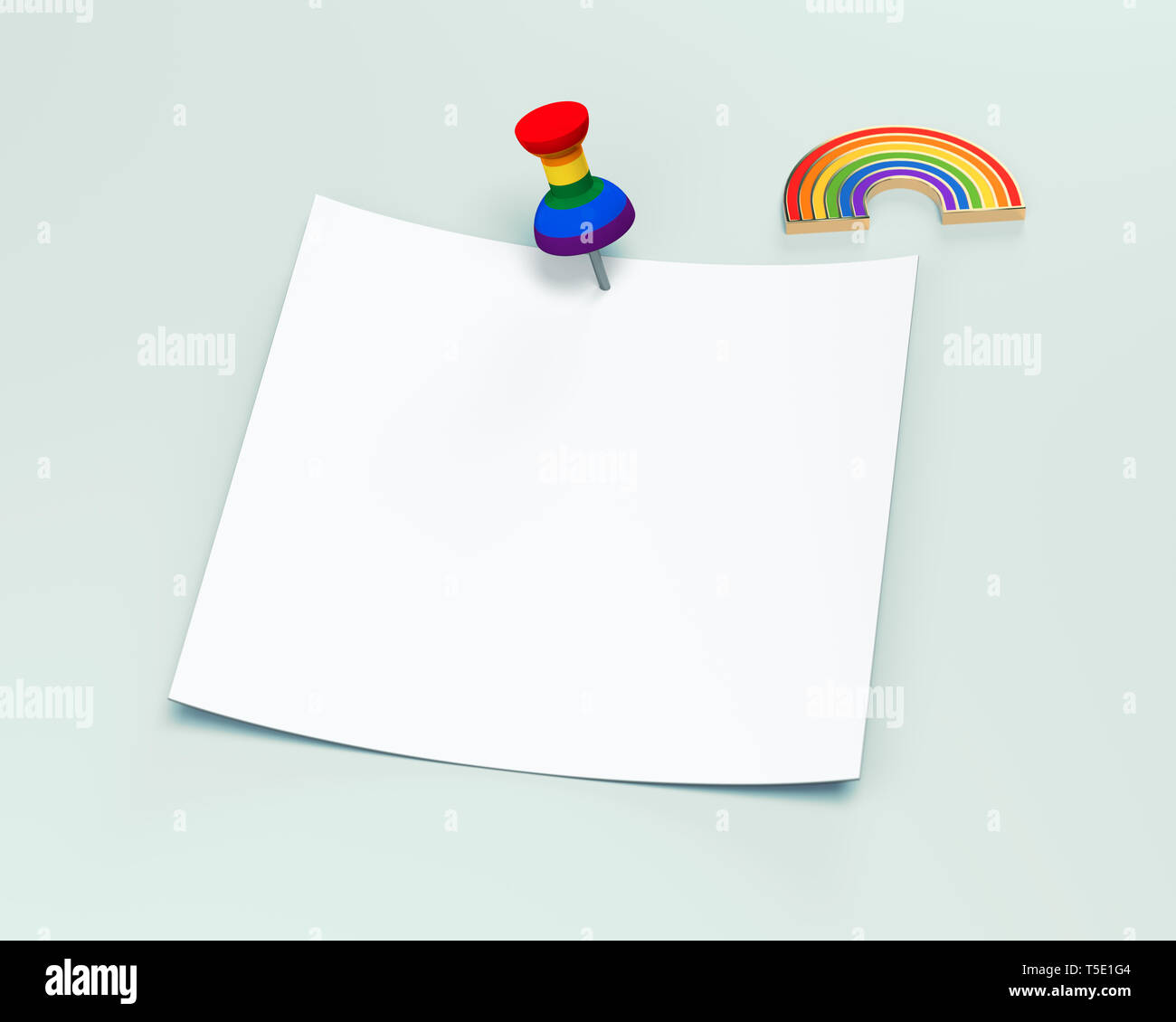 Leere Quadrat mit Kopie Platz für Ihren Text mit Regenbogenfarbenen pin und Gay Pride Regenbogen über Festgesteckt. Auf pastellgrün Hintergrund isoliert. 3D Stockfoto