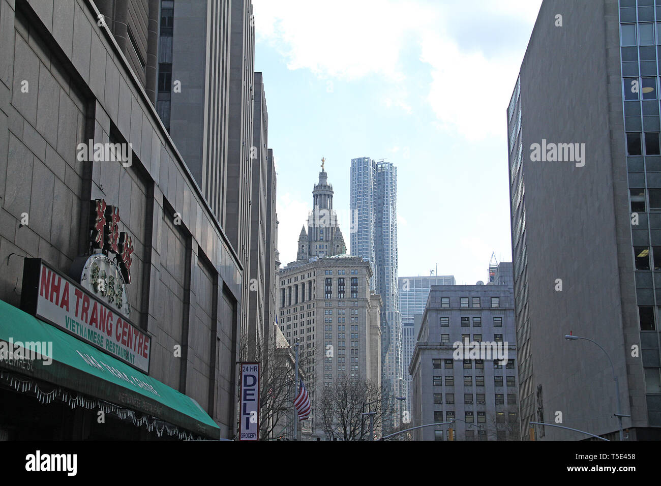 Blick vom Centre St, in Manhattan, mit N.Y. County Strafgerichtshof auf der linken Seite, die Manhattan städtischen Gebäude und Frieden Universität Turm vorne Stockfoto