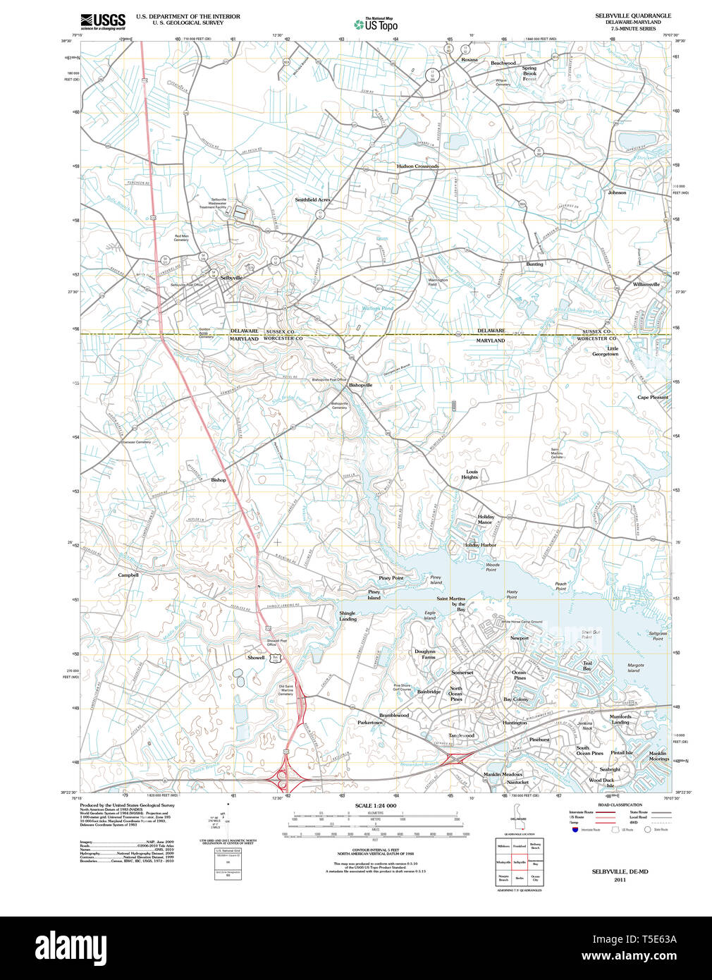 USGS TOPO Karte Deleware DE Selbyville 20110708 TM Wiederherstellung Stockfoto