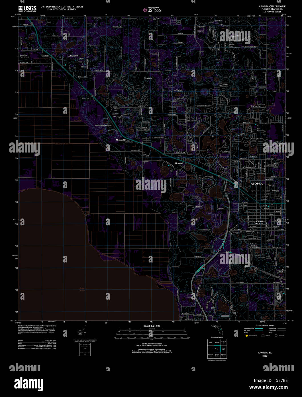 USGS TOPO Karte Florida FL Apopka 20120724 TM invertiert Wiederherstellung Stockfoto