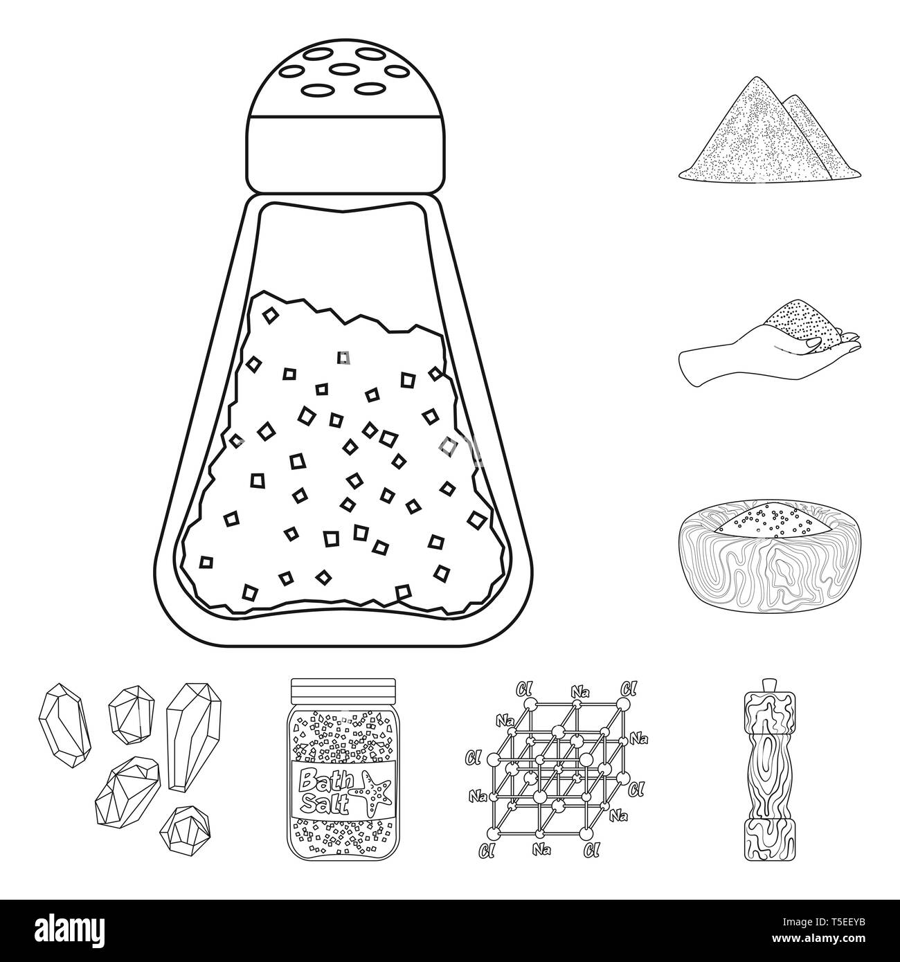 Salzfass, Heap, arm, Schüssel, Granulat, Flasche, Gewürze, salzig, Handvoll, chemischen, weiß, Körner, Pulver, Mühle, Mehl, Berge, Hügel, Streuen, sauber, Platte, Ökologie, Spa, Würfel, Badewanne, Glas-, Holz-, Vintage, Natrium, mineralischen Rohstoffen, Küche, Kochen, Meer, Natur, Backen, Salz, Nahrungsmittel, Set, Vector, Icon, Illustration, isoliert, Sammlung, Design, Element, Grafik, Zeichen, Outline, Linie Vektor Vektoren, Stock Vektor