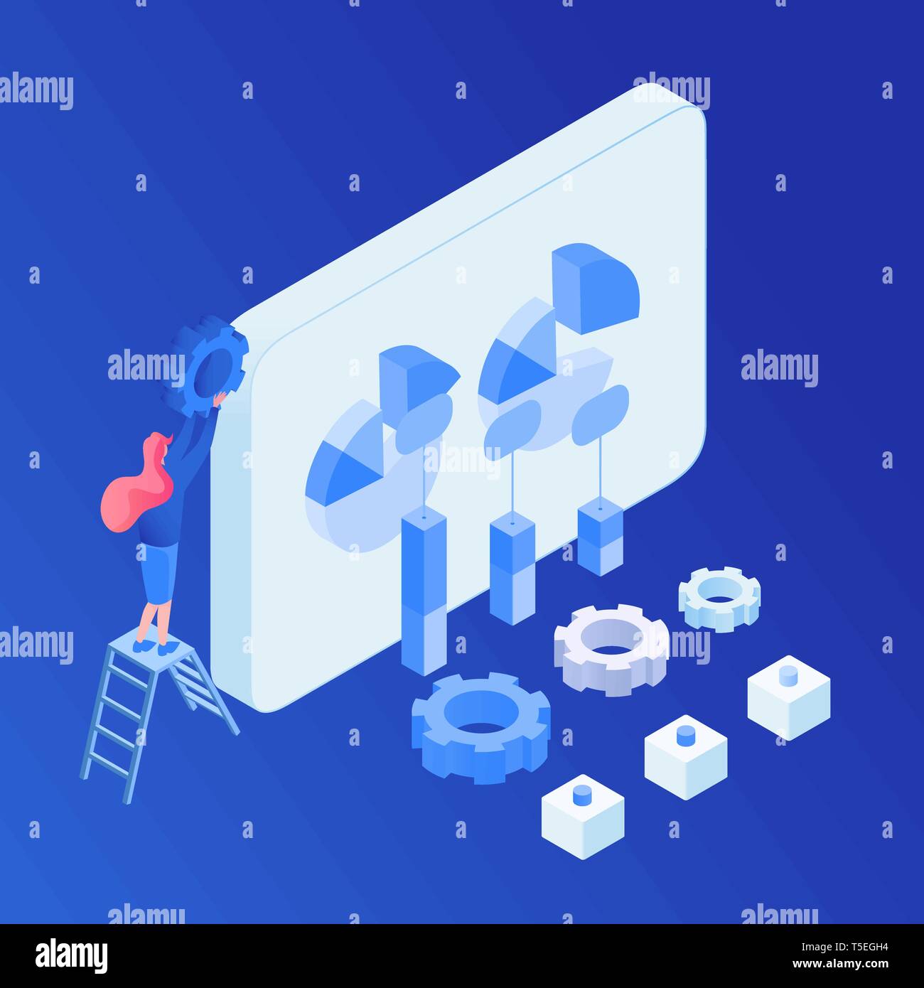 Business Analyse, Optimierung der Software isometrische Darstellung. SEO, Handel, Markt analytics, Statistik 3D-Vektor clipart. App Entwickler, Programmierer, UI, UX-Designer Zeichentrickfigur Stock Vektor