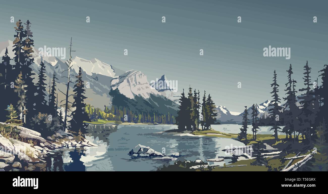 Berglandschaft, ein großer Fluß, der durch bewaldete Hügel bei warmem Wetter fließt. Vector Illustration eines schönen Ort von Wildtieren. Stock Vektor