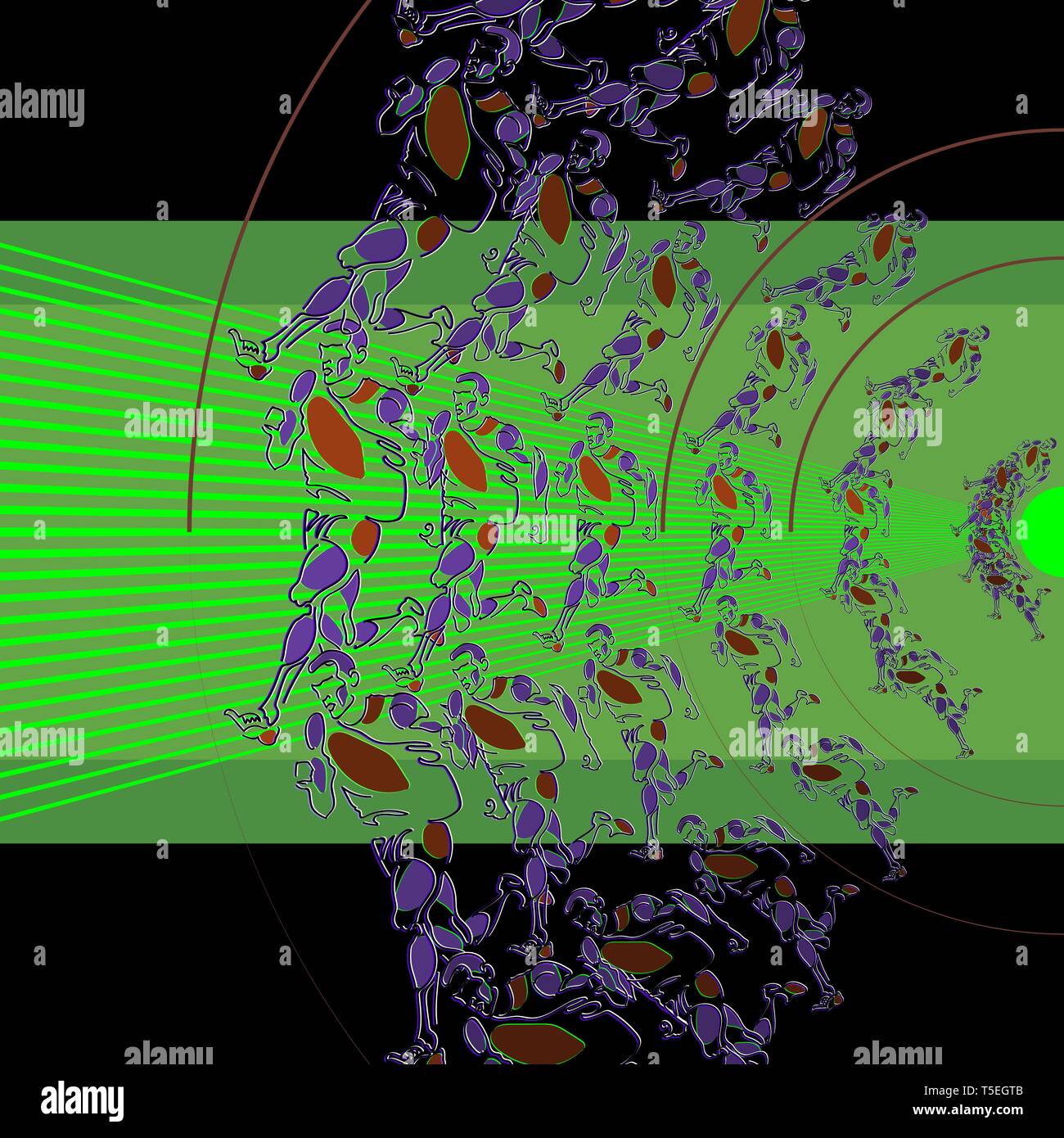 Vektor abstract Abbildung ist eine Kombination von einfachen geometrischen Formen und ausgefallene handgezeichnete Muster. Radiale Strahlungsmuster von stilisierten Figuren der athl Stock Vektor
