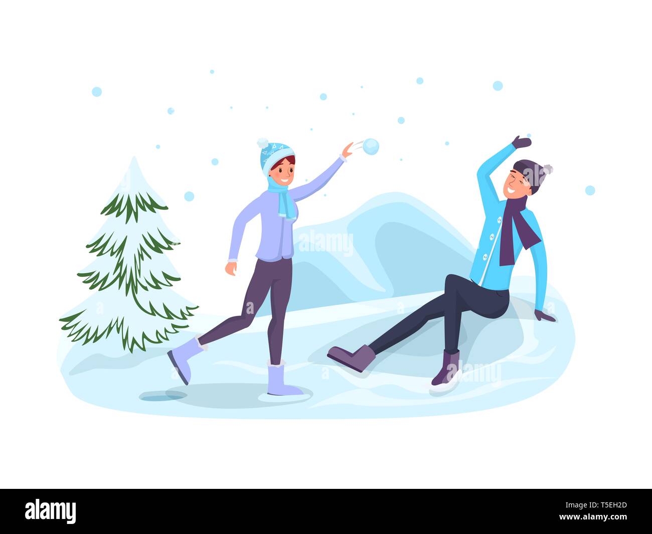 Winter spiele Flachbild Vector Illustration. Mann und Frau spielen Schneebälle, Freizeit Outdoor Aktivitäten isoliert Clipart. Paar Comic-figuren Festlegung im Schnee, Spaß design Element Stock Vektor