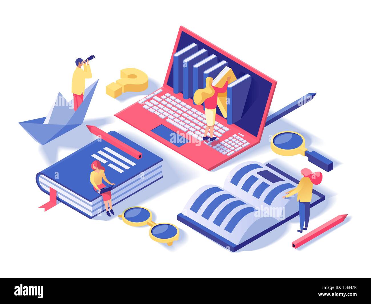 Online Schule, Klassen isometrische Vector Illustration. Ebooks, online Bibliothek reader, e-learning 3D-Illustrationen. Die Schüler selbst Bildung, Hausaufgaben, Forschung isoliert Design Elemente Stock Vektor