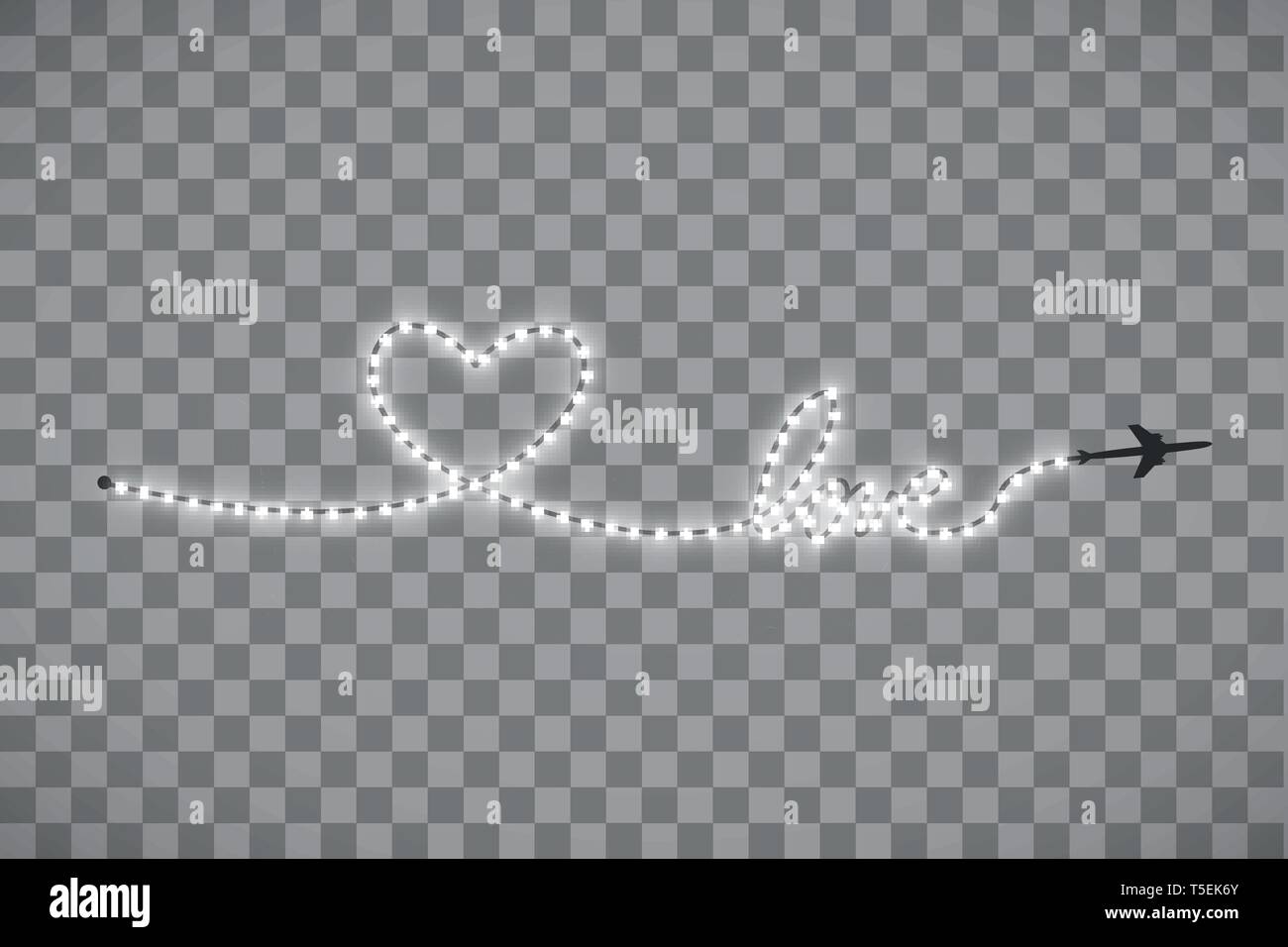 Das Luftfahrzeug und seine Spur in Form von einem Streifen glänzend LED-Leiste in der Form eines Herzens auf einen transparenten Hintergrund. Vector Illustration. Die Stock Vektor