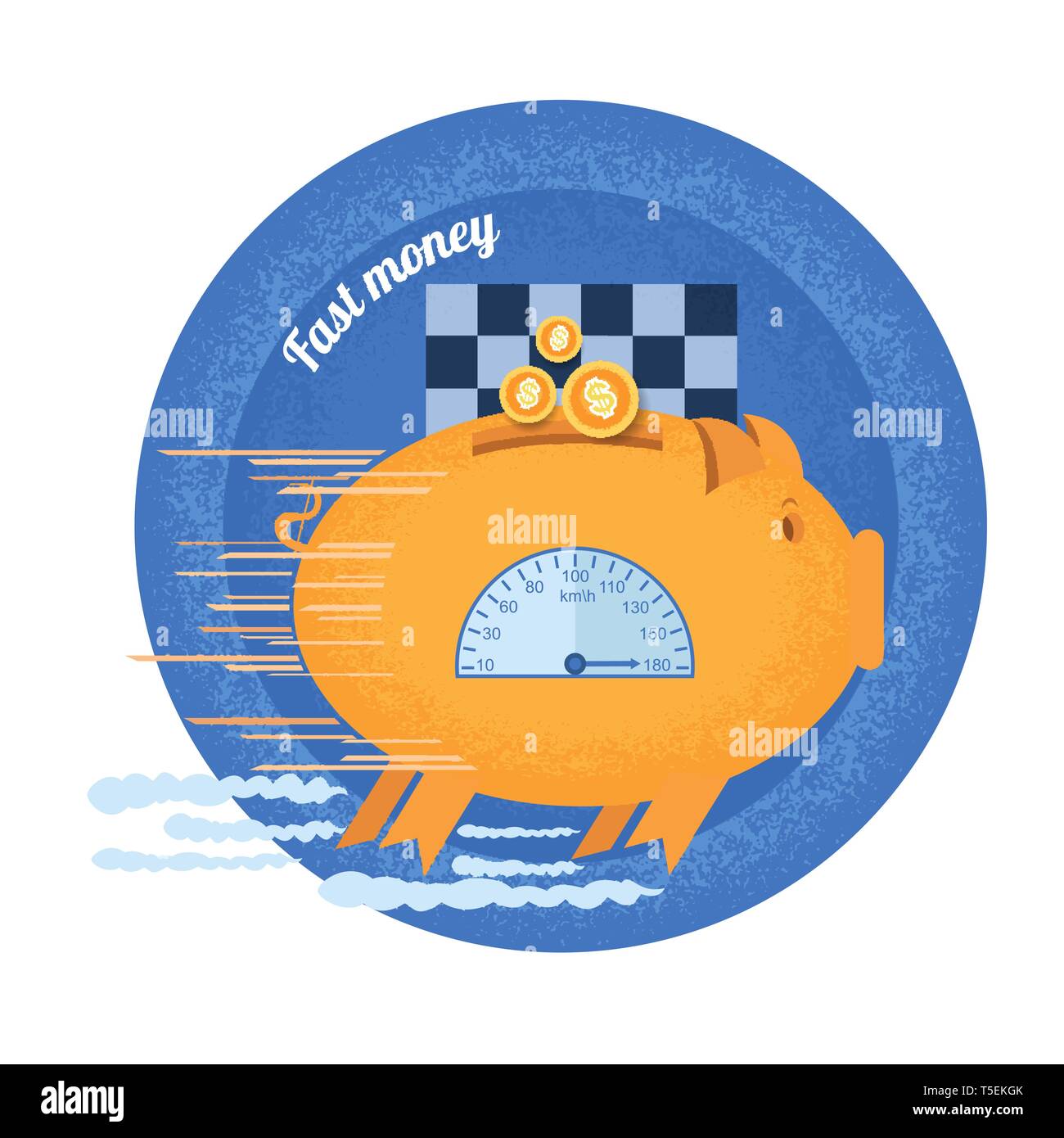 Schnelles Geld. Sparschwein mit Tachometer schnell laufen. Vintage Retro Style Symbol auf blauen Kreis Hintergrund Stock Vektor