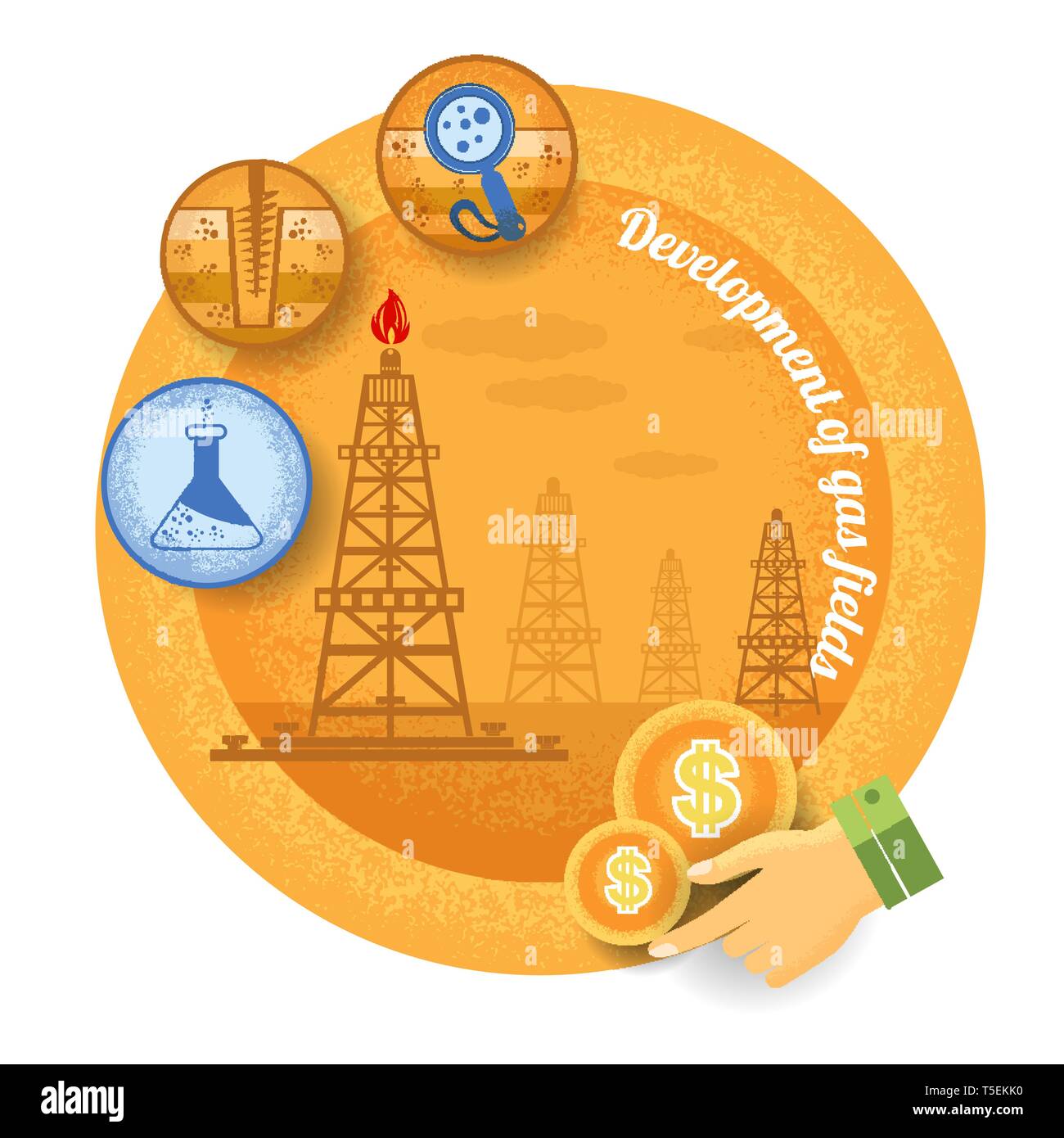 Gas rig mit Icon des Prozesses der Gasproduktion. Vintage Retro Style Finanzen Symbol Entwicklung der Gas- Feld auf gelben Kreis Hintergrund Stock Vektor