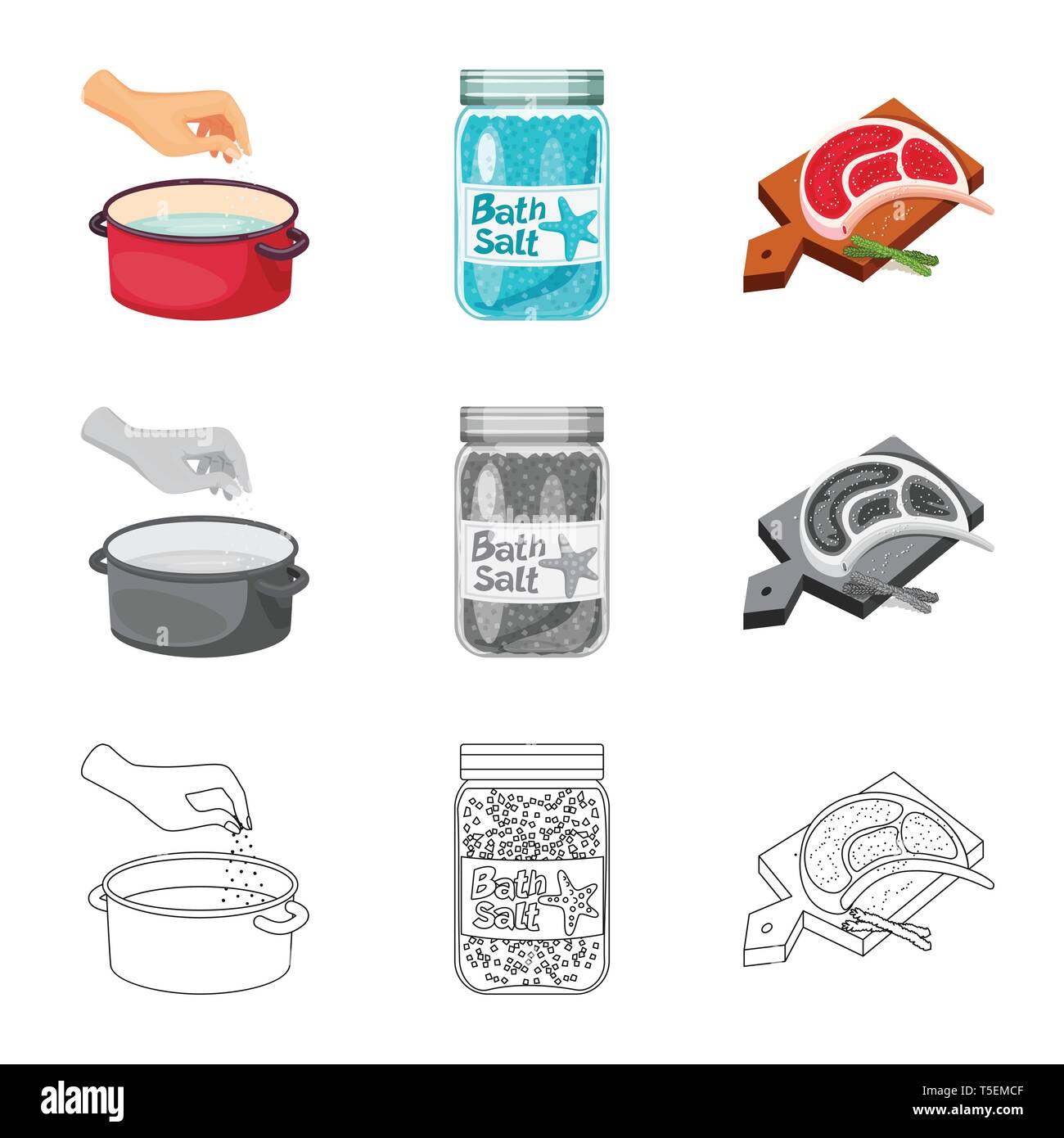 Kasserolle, Flasche, Fleisch, Wasser, salzig, Brett, Badewanne, arm, Spa, Restaurant, Gewürze, Vintage, Streuen, Pulver, weiß, Mehl, sauber, Container, Picknick, kochen, Meer, Natur, Backen, Salz, Nahrungsmittel-, Natrium-, Mineral, Raw, Küche, Set, Vector, Icon, Illustration, isoliert, Sammlung, Design, Element, Grafik, Zeichen, Vektor, Vektoren, Stock Vektor