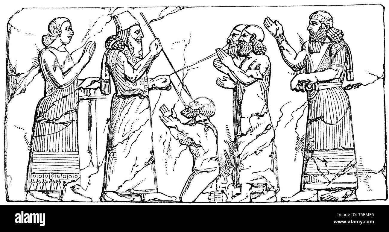 Befreiung von Khorsabad: Der König durchdringt die Augen eines Gefangenen, während ein Ring durch die Unterlippe gezogen den Kopf verhindert, einfahren. Stockfoto