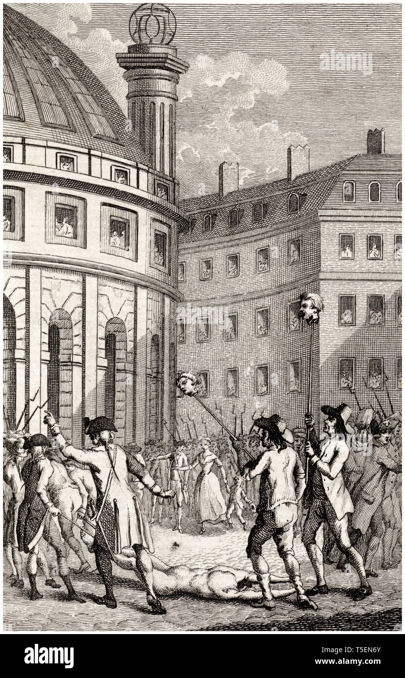 Die französischen Soldaten tragen die Staats de Launay und de Flesselles durch die Straßen von Paris nach dem Sturm auf die Bastille durch Daniel Freitag, 1791 Radierung Stockfoto