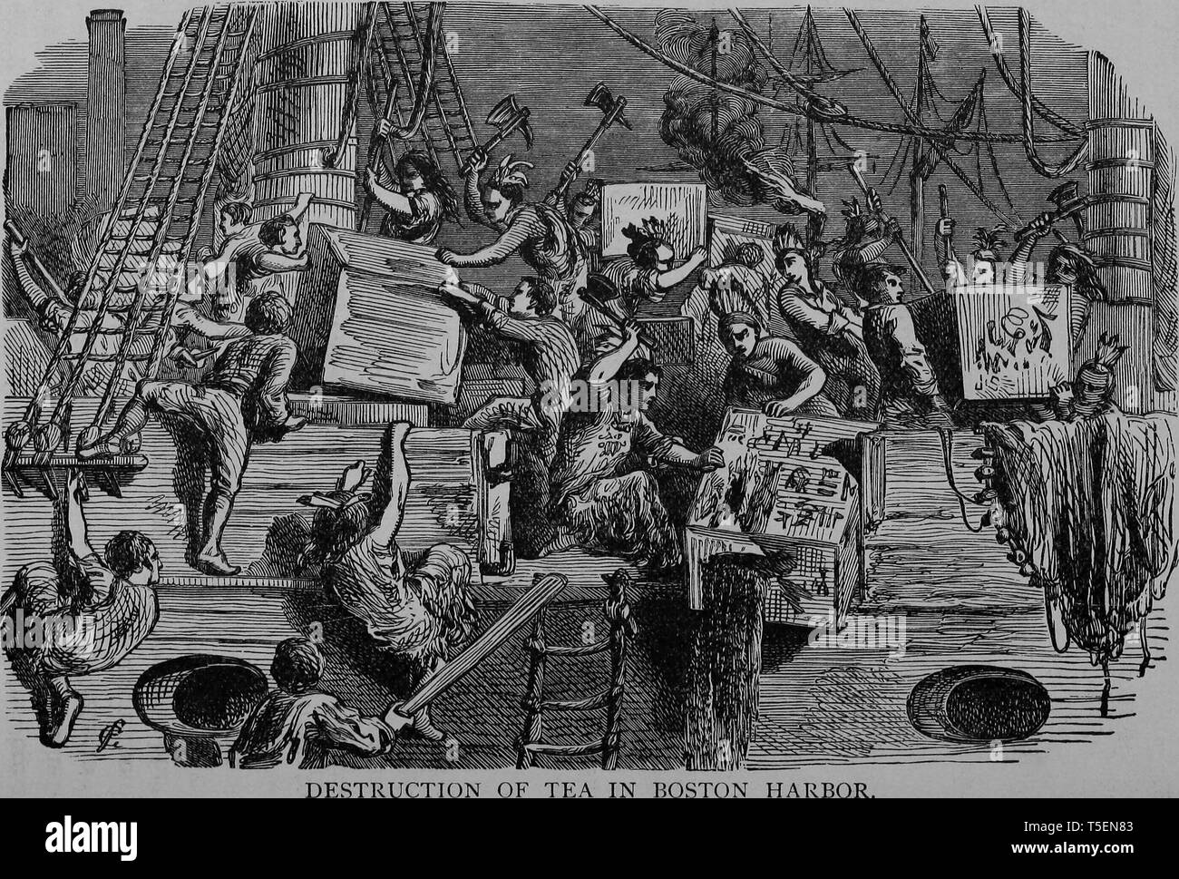 Gravur der Zerstörung einer Tee in Boston Hafen, aus dem Buch "Die politische Geschichte der USA' von James Penny Boyd, 1888. Mit freundlicher Genehmigung Internet Archive. () Stockfoto