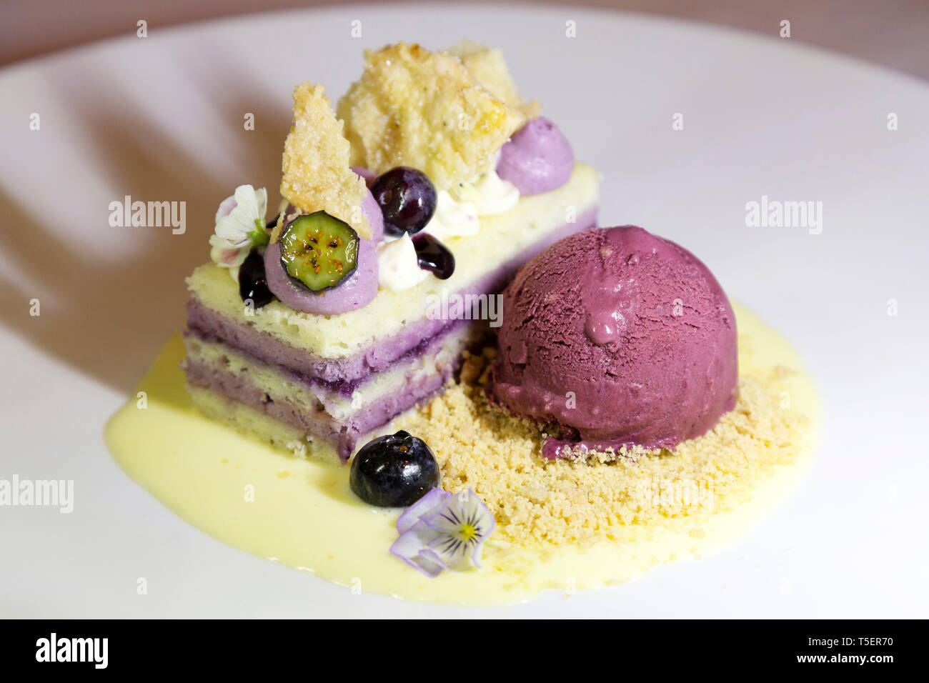 Eine reich verzierte geschichteten Kuchen als Dessert serviert. Der Teller ist mit einer Kugel von Obst - flavoued Eis serviert. Stockfoto