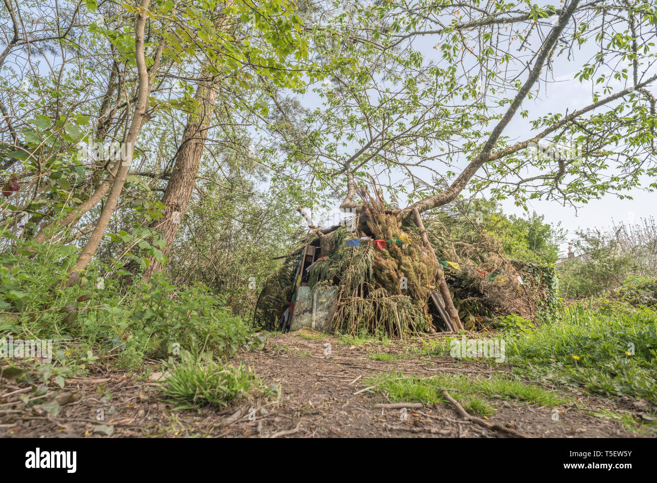 Kids' Selbst - Höhle bauen unter Wald. Metapher kids Playtime, erschwingliches Gehäuse, überleben Schutz, Zuflucht zu nehmen. Stockfoto