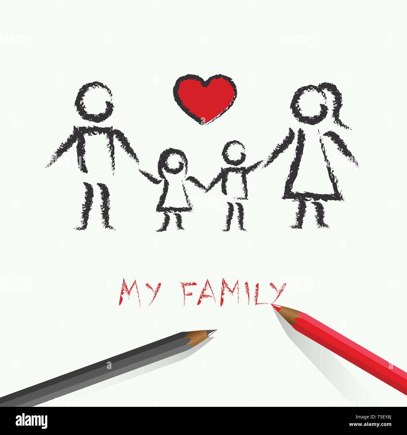Kinder Zeichnung glückliche Familie mit roten Herzen Vector EPS Abbildung 10 Stock Vektor