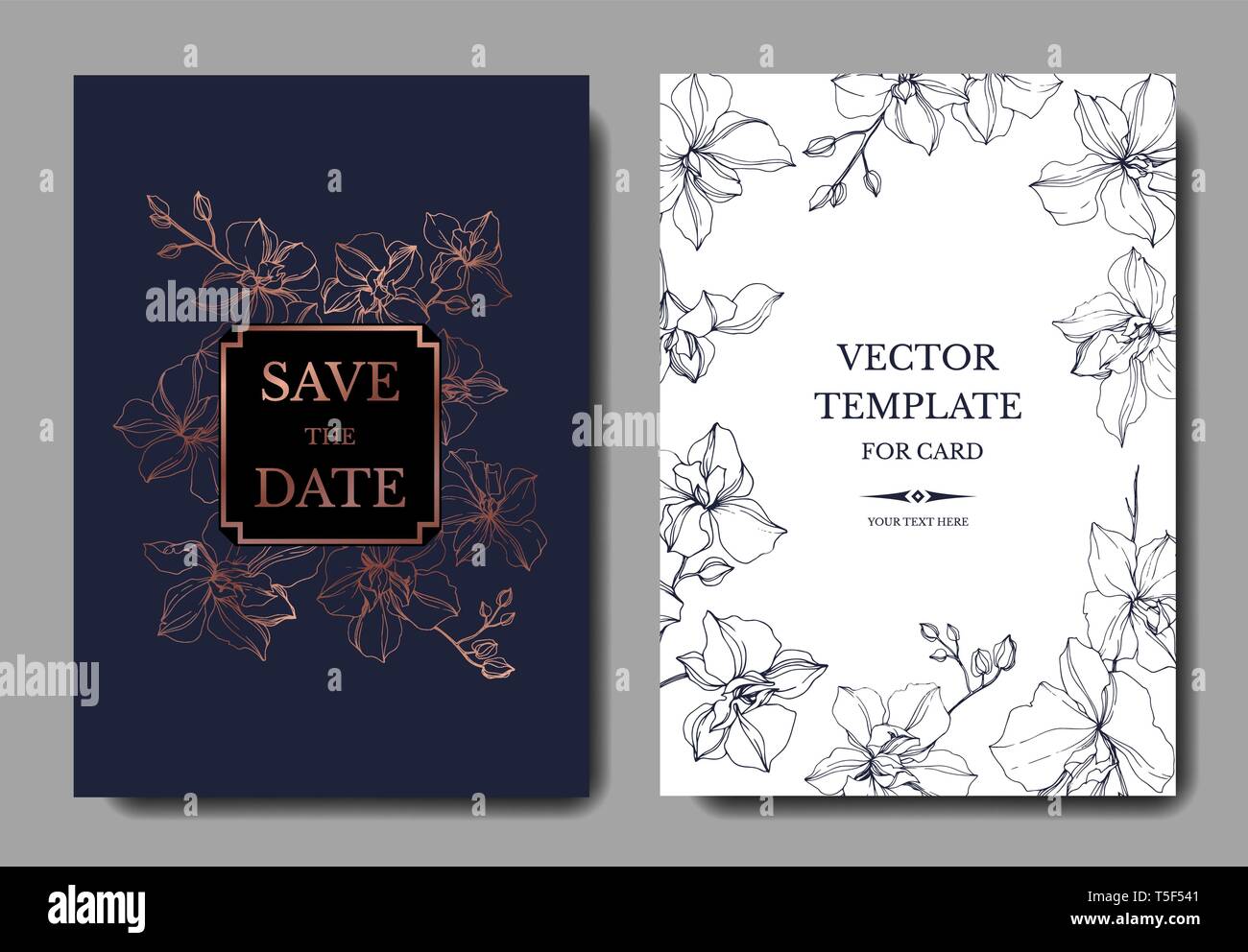 Vektor Orchidee Blumen botanischen Blumen. Blau und Kupfer eingraviert Tinte Art Hochzeit hintergrund Karte Blumen dekorativ Grenze. Danke, Rsvp, Invitatio Stock Vektor