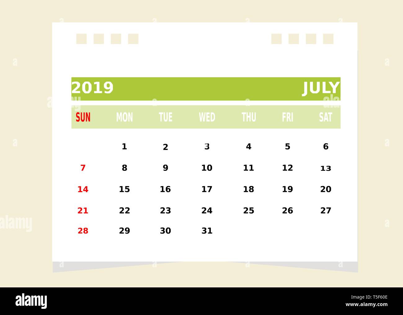 Kalender Monat Juli 2019 Vektor. Stock Vektor