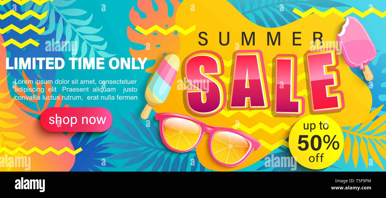 Summer Sale hell Poster, heiße Jahreszeit rabatt Banner mit tropischen Blättern, Eis, Sonnenbrillen. Einladung für Online Shopping mit 50 Prozent Preis Stock Vektor
