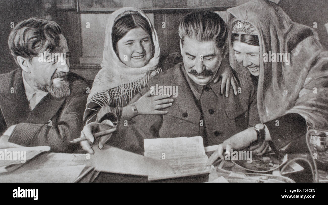 Josef Vissarionovich Stalin auf die sowjetische Propaganda Poster, durch sein Beispiel, öffnete die Türen der Schule für die Menschen. Stockfoto