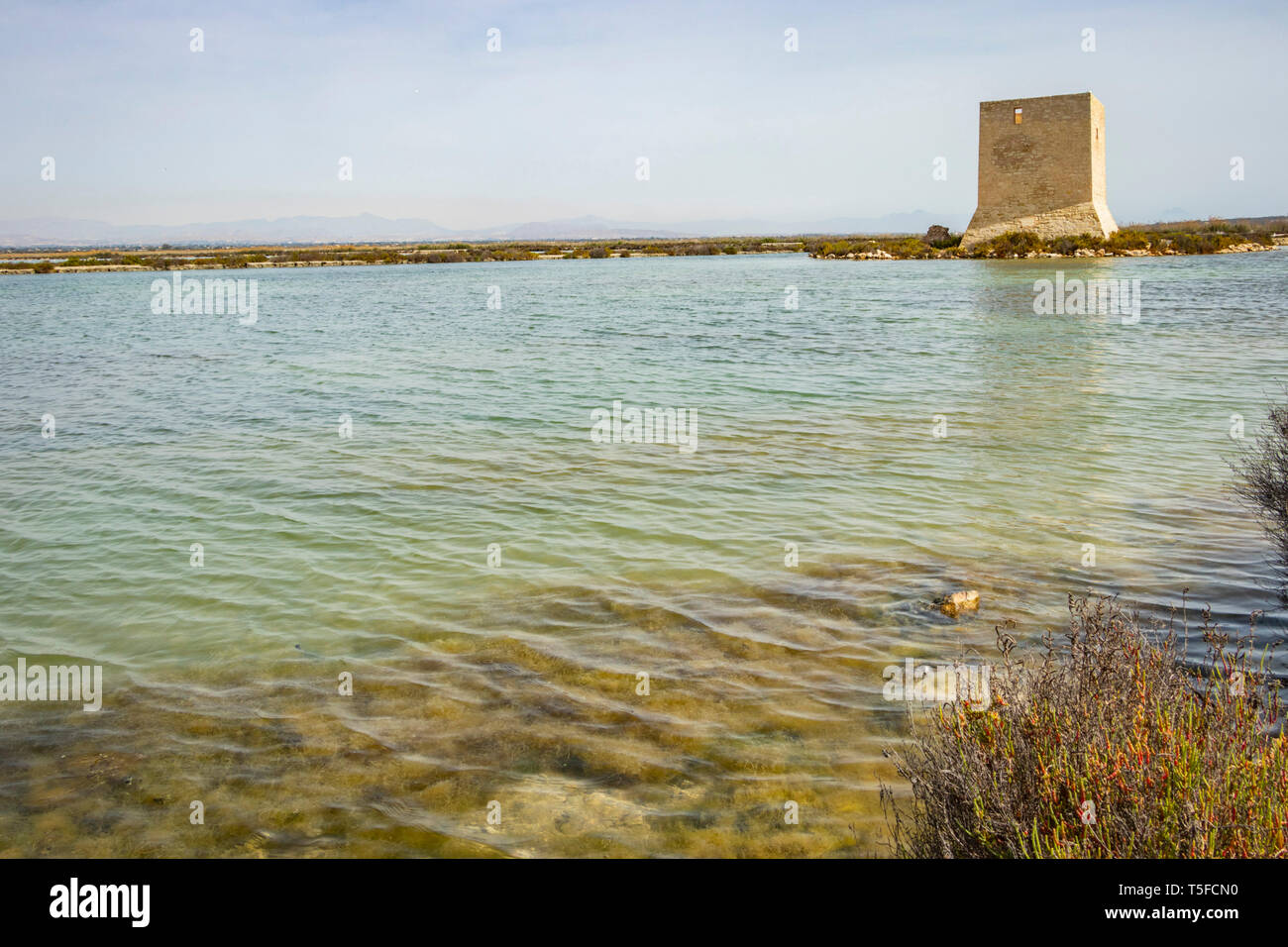 Der Turm Torre del Tamarit auf den Salzwiesen in der Nähe von Santa Pola Alicante Spanien Stockfoto