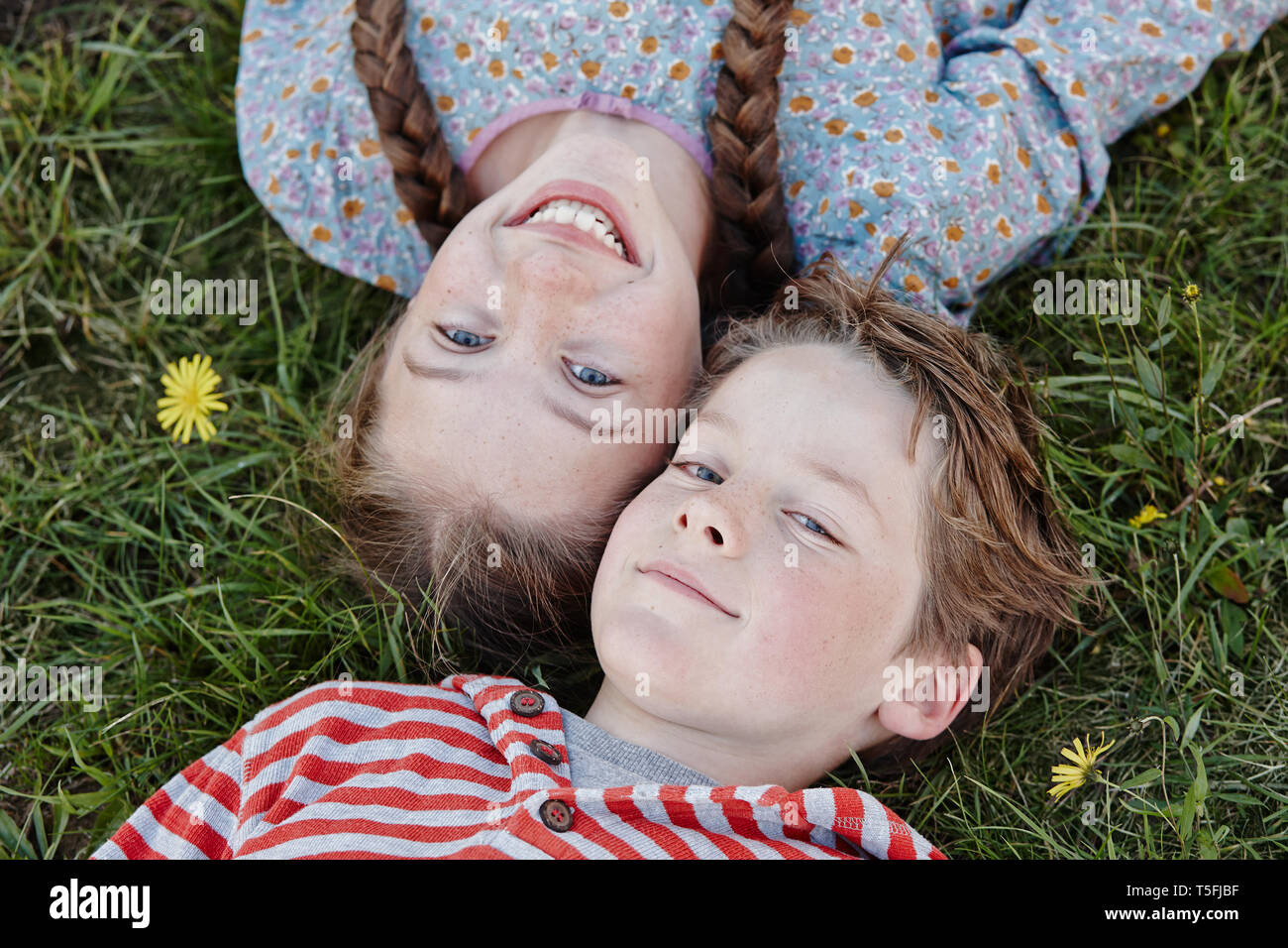 Portrait von Mädchen und und ihr kleiner Bruder auf einer Wiese liegend Kopf an Kopf Stockfoto