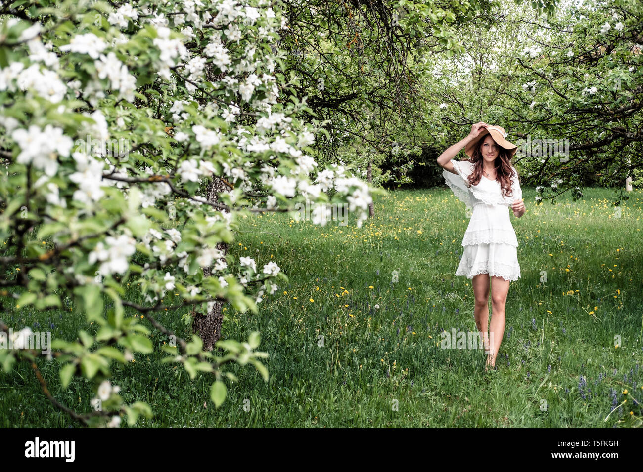 Junge Frau in weißem Kleid und Schlapphut barfuß im Garten mit blühenden Apfelbäume Stockfoto